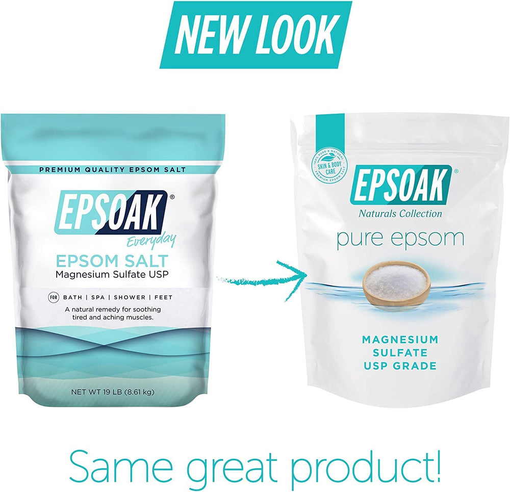 Dry scoop measuring Epsoak salt from bag demonstrating easy portioning and convenience