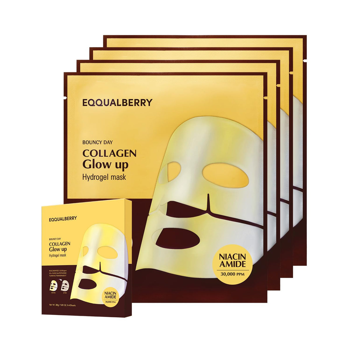 EQQUALBERRY front packaging showing mask box and brightening claims