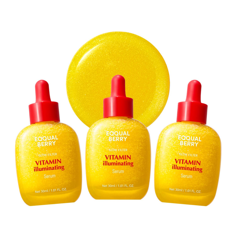 EQQUALBERRY triple pack front packaging showing three bottles and brightening benefit