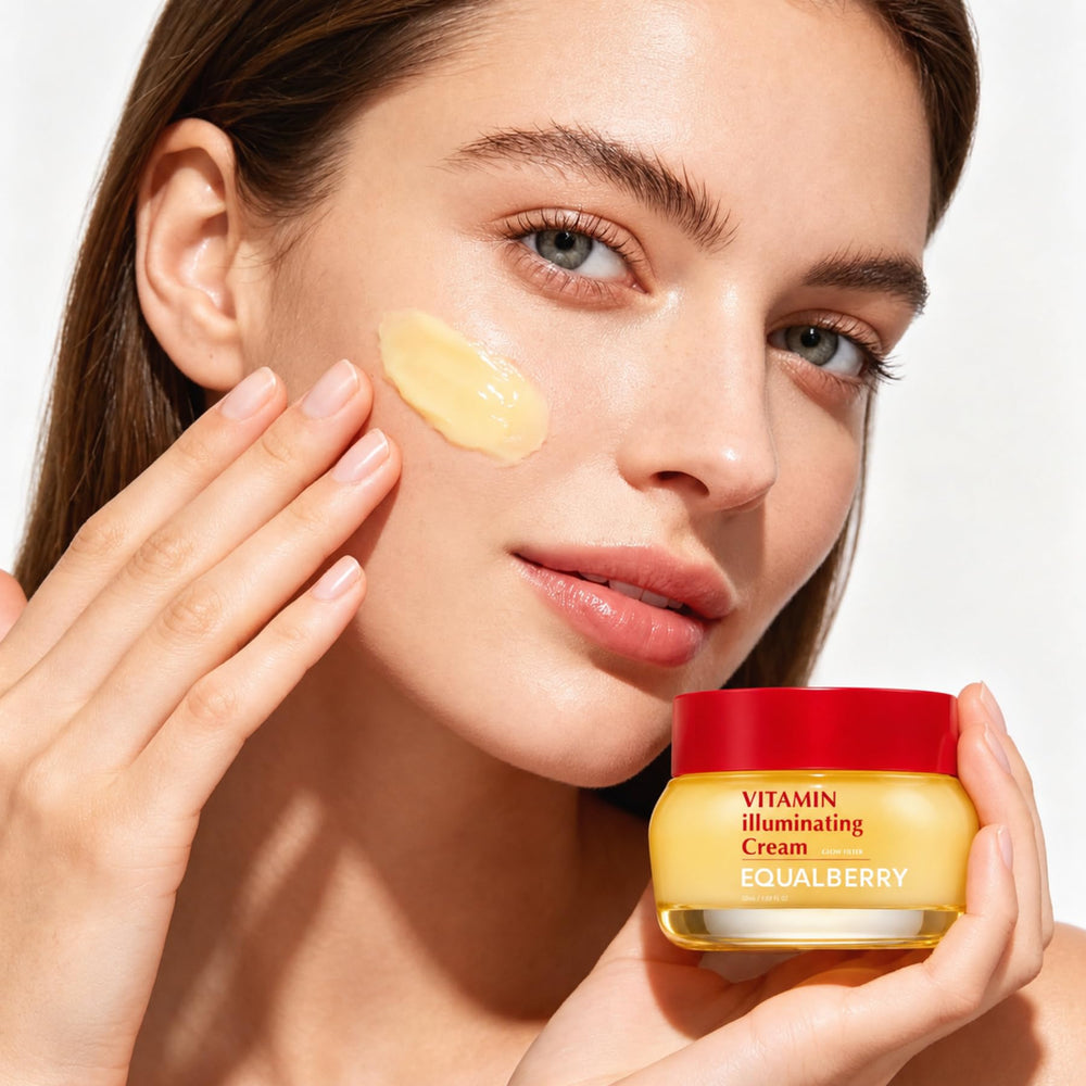 EQUALBERRY on bathroom vanity in lifestyle scene showing routine-ready brightening moisturizer