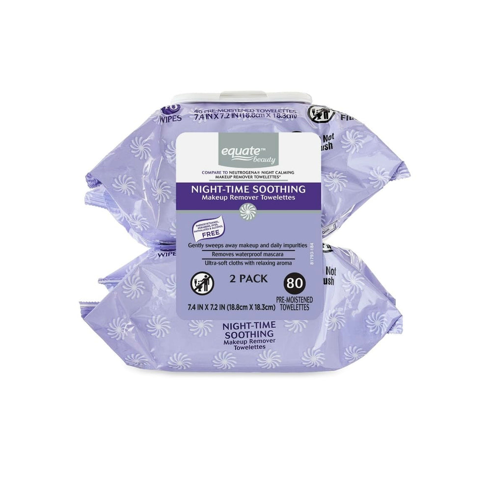 Equate front packaging showing two 40-count nighttime wipes packs and benefits