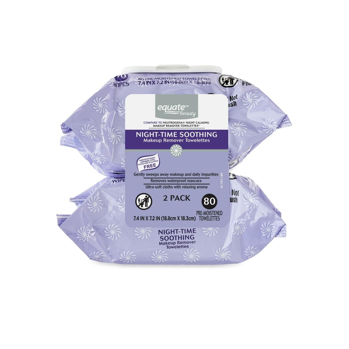 Equate front packaging showing two 40-count nighttime wipes packs and benefits
