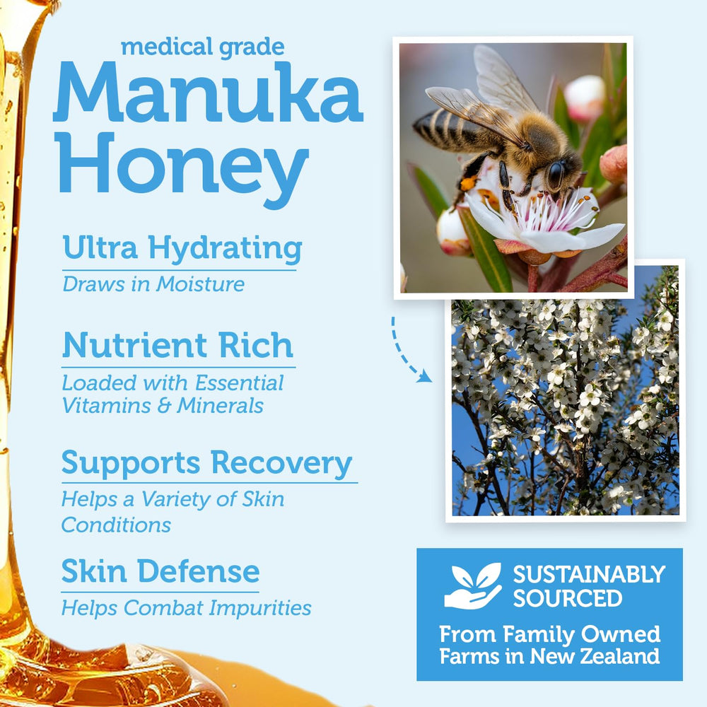 Era Organics ingredient label close-up, showcasing Manuka honey and calming botanicals