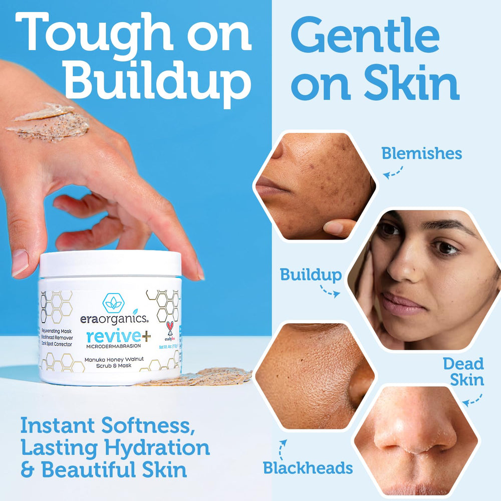 Era Organics hand applying scrub to face, demonstrating easy at-home microdermabrasion