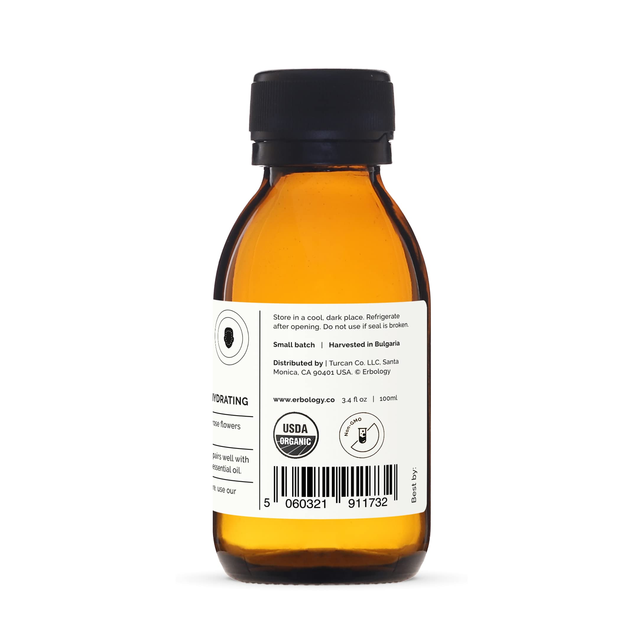 Erbology recyclable glass bottle detail emphasizing sustainable packaging benefit