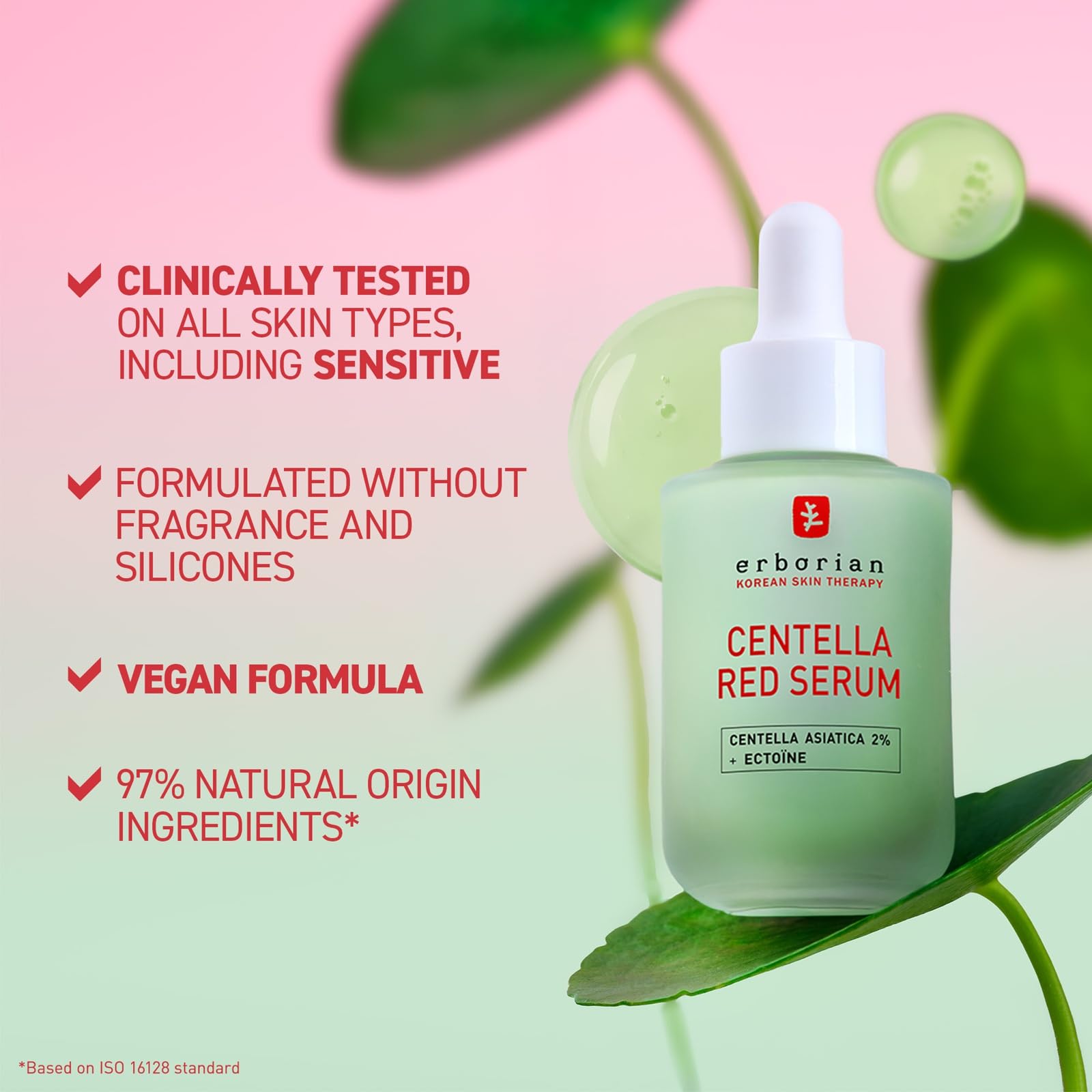 Erborian Centella Red Serum applied on skin demonstrating immediate soothing and comfortable wear
