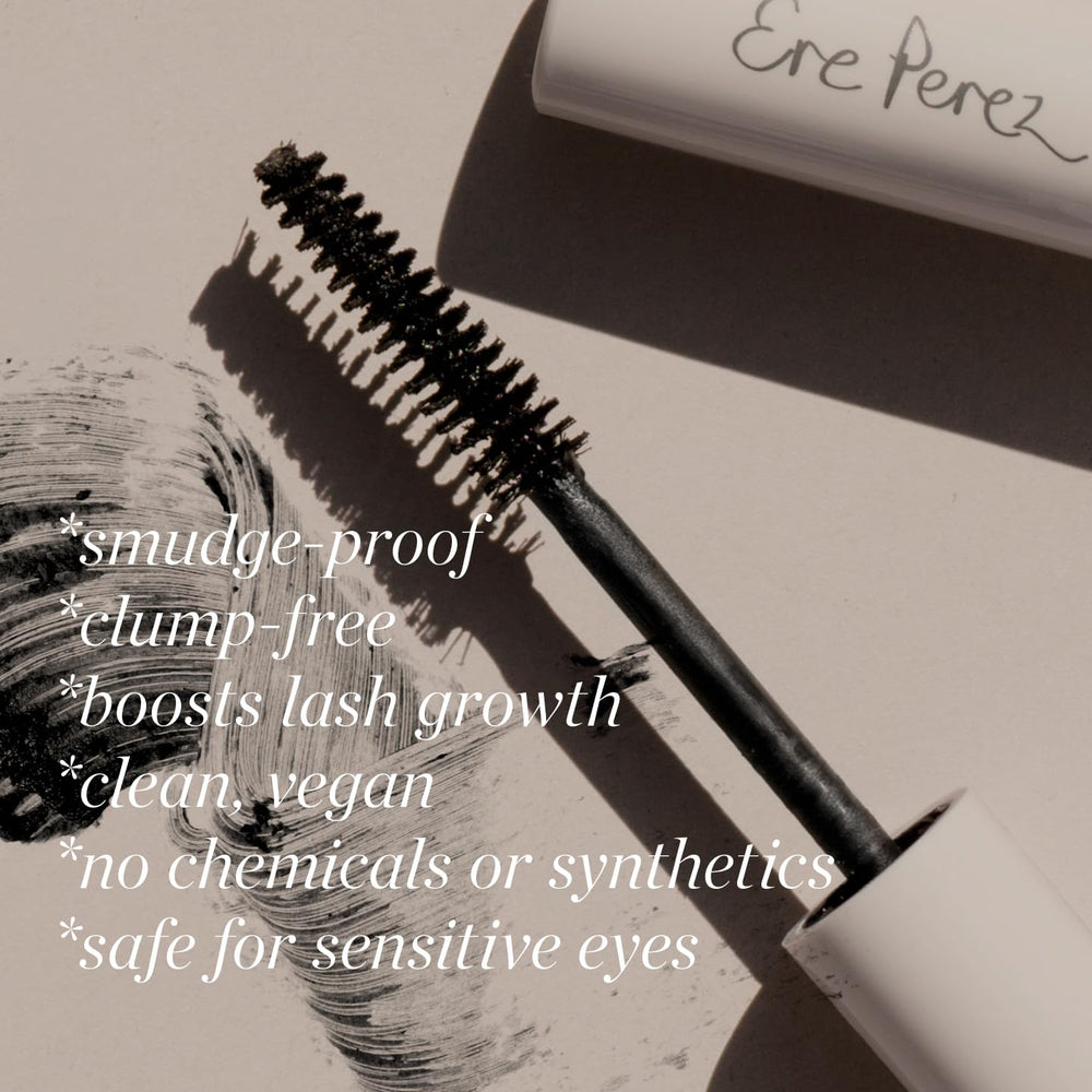 Ere Perez mascara next to coin for scale, shows compact 10 ml travel size