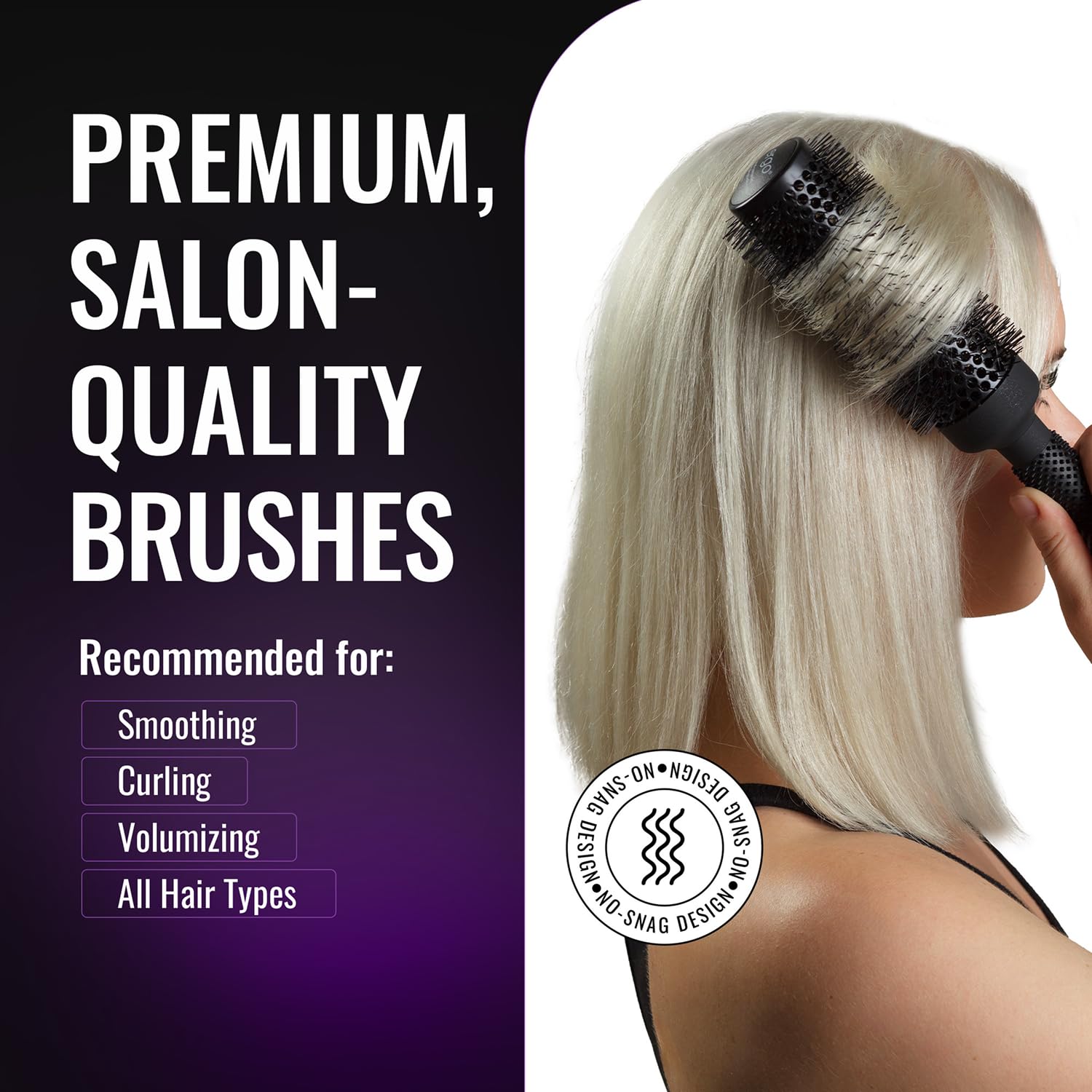 ERGO detail of heat-resistant nylon bristles protecting hair and smoothing frizz