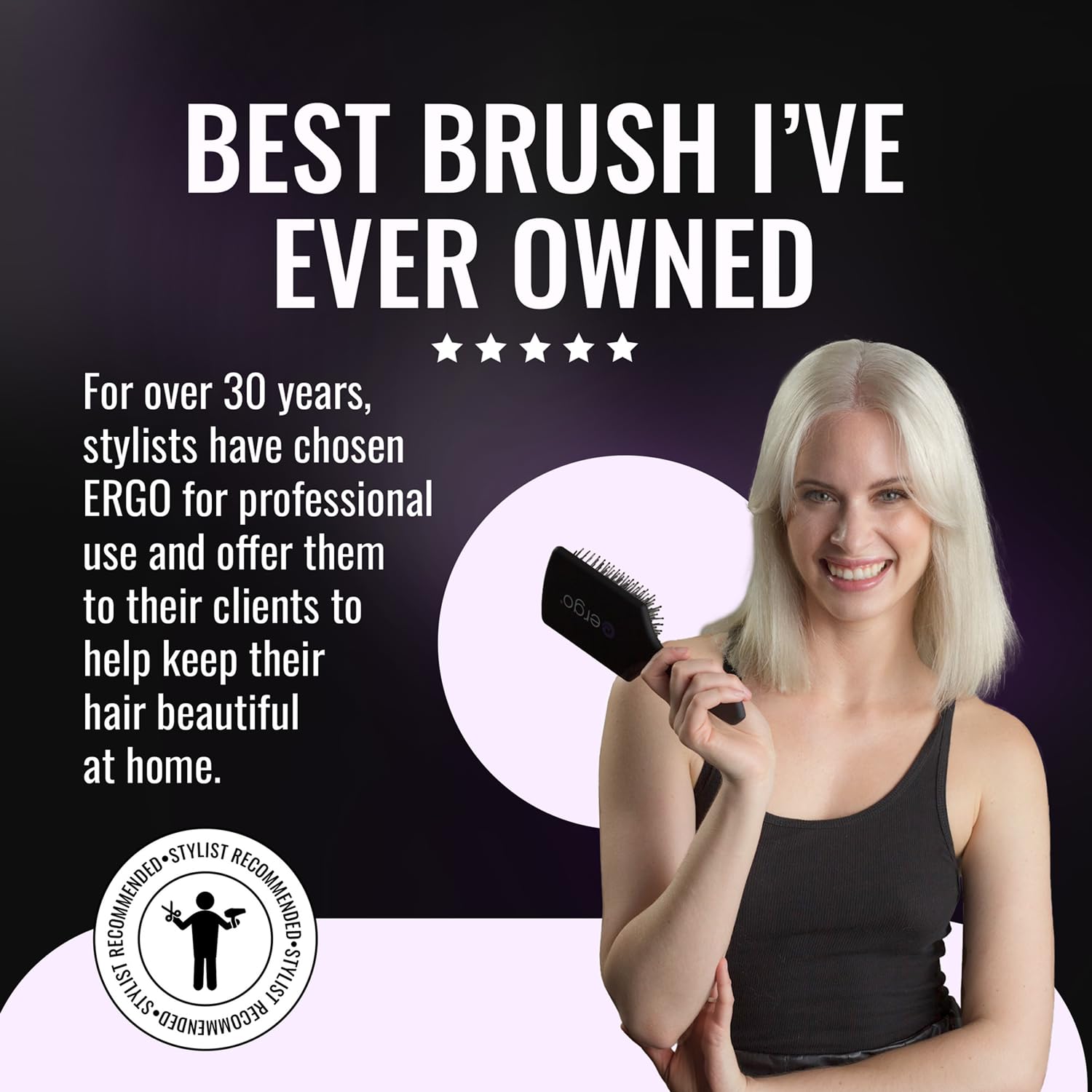 ergo brush in use during blow-dry reduces frizz and speeds drying