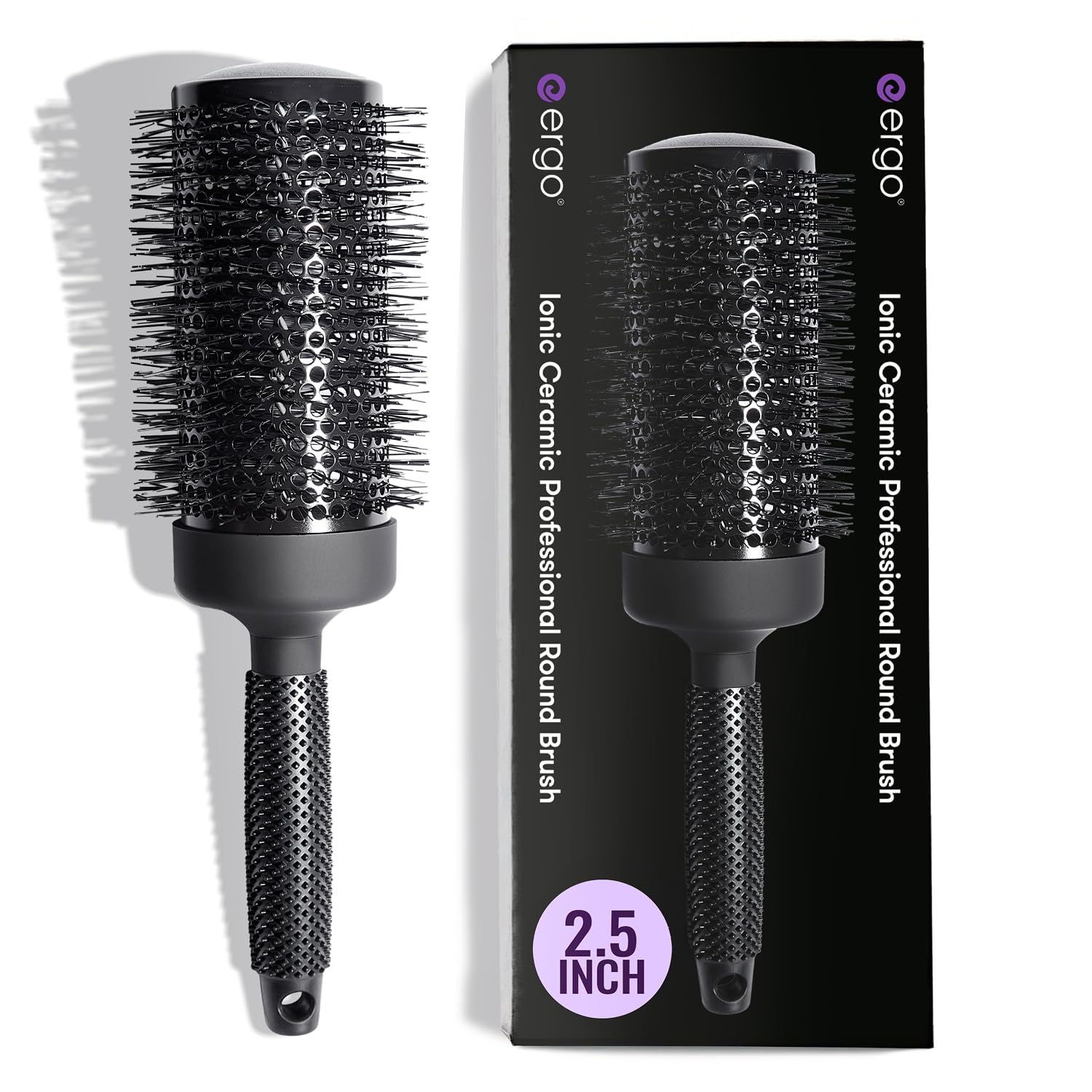 ERGO front view of round brush showing full barrel and handle for salon results