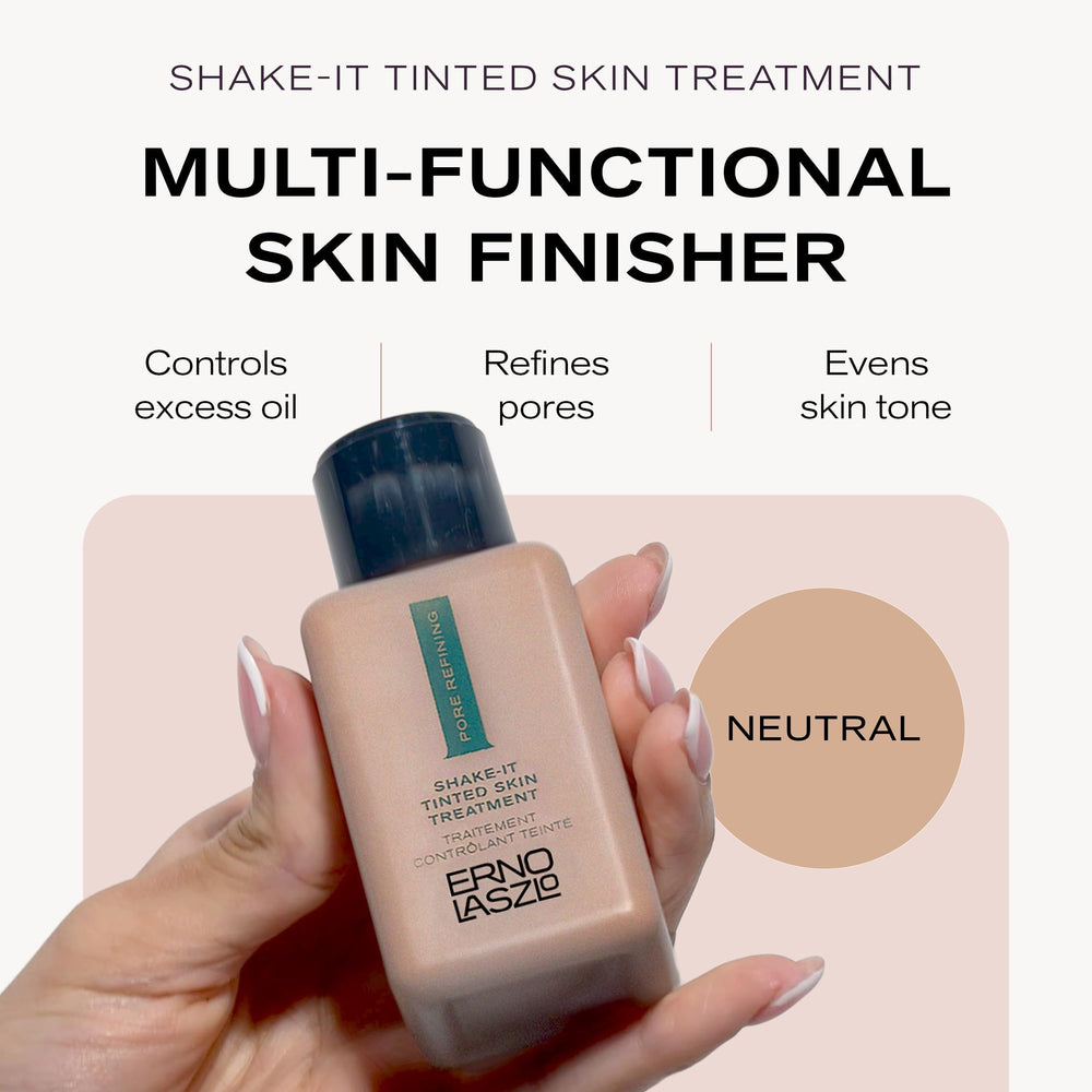Erno Laszlo dual-phase bottle shaken to mix pigment showing activation benefit for even tint
