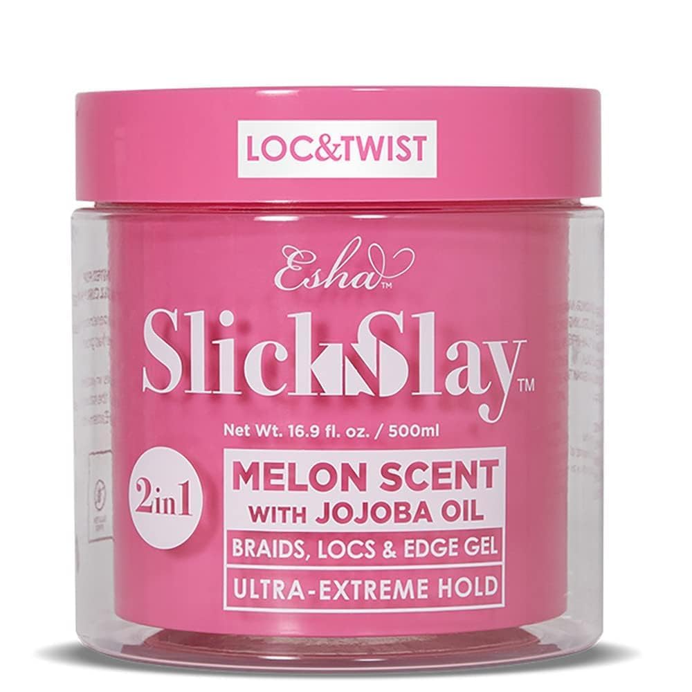 Esha Slick N Slay front jar view showing melon label and secure hold