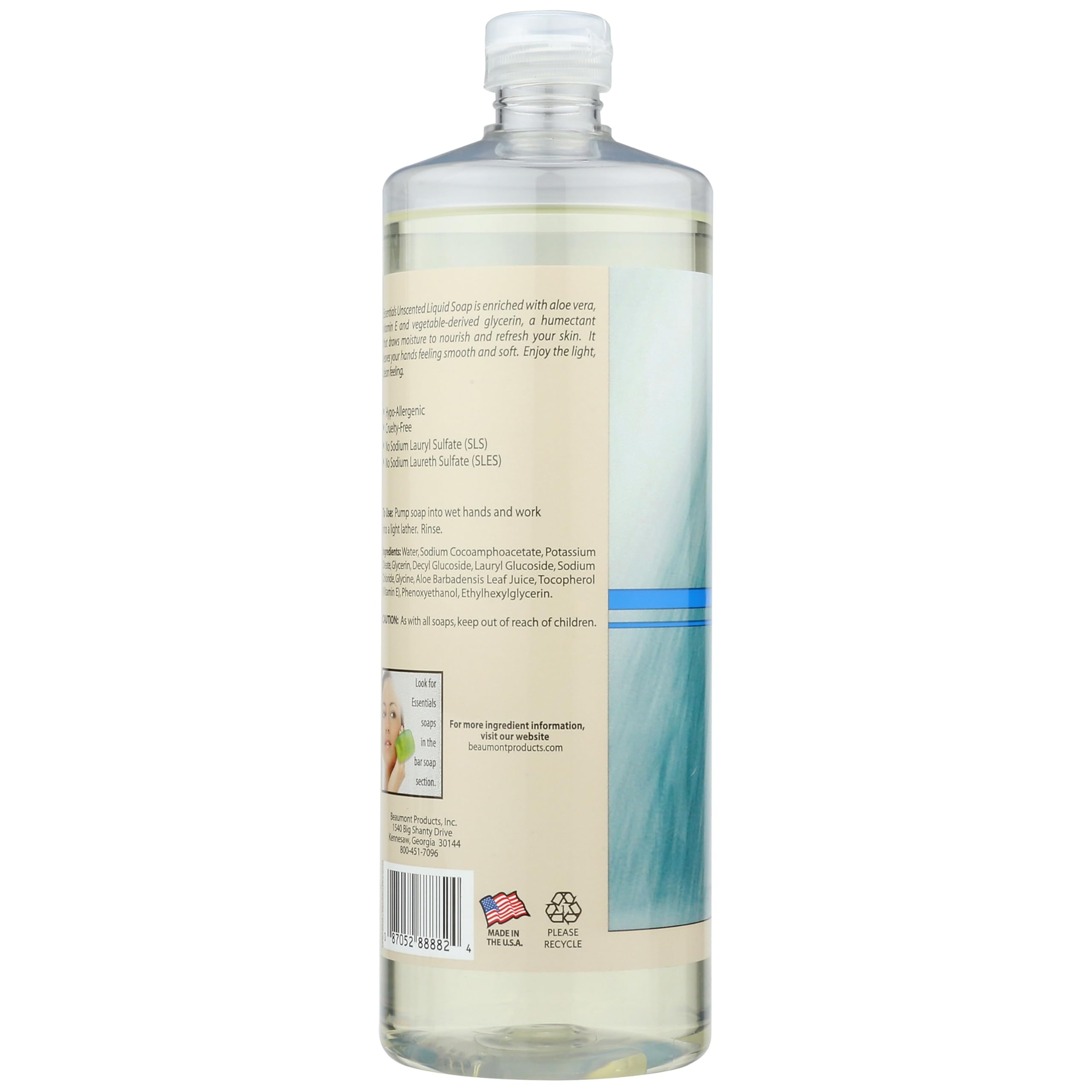 Essentials dispensing into a pump in bathroom indicating easy refill convenience