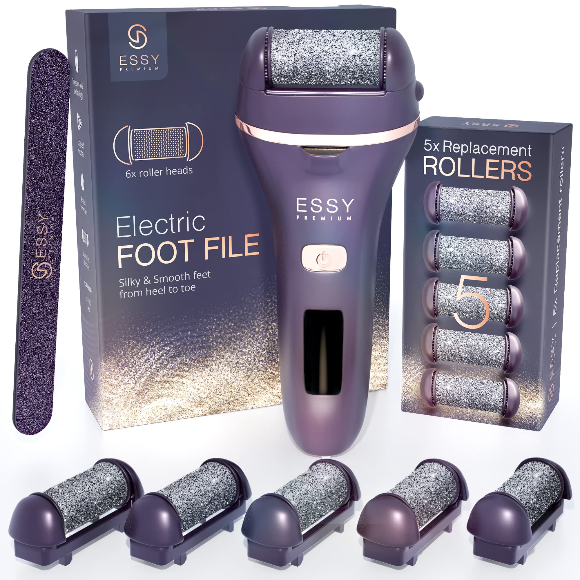 Essy electric foot file front view showing device and starter roller for smooth feet