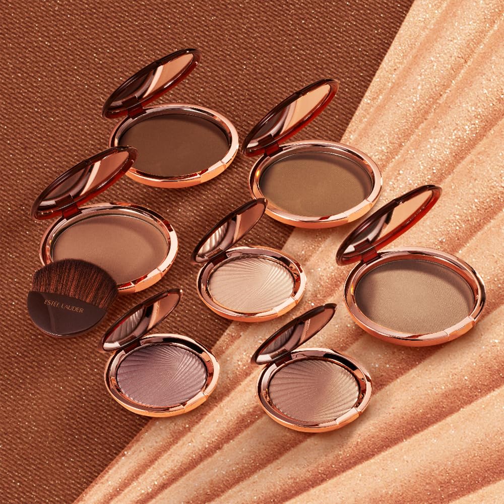 Estée Lauder open compact showing label and finely milled pressed powder benefit