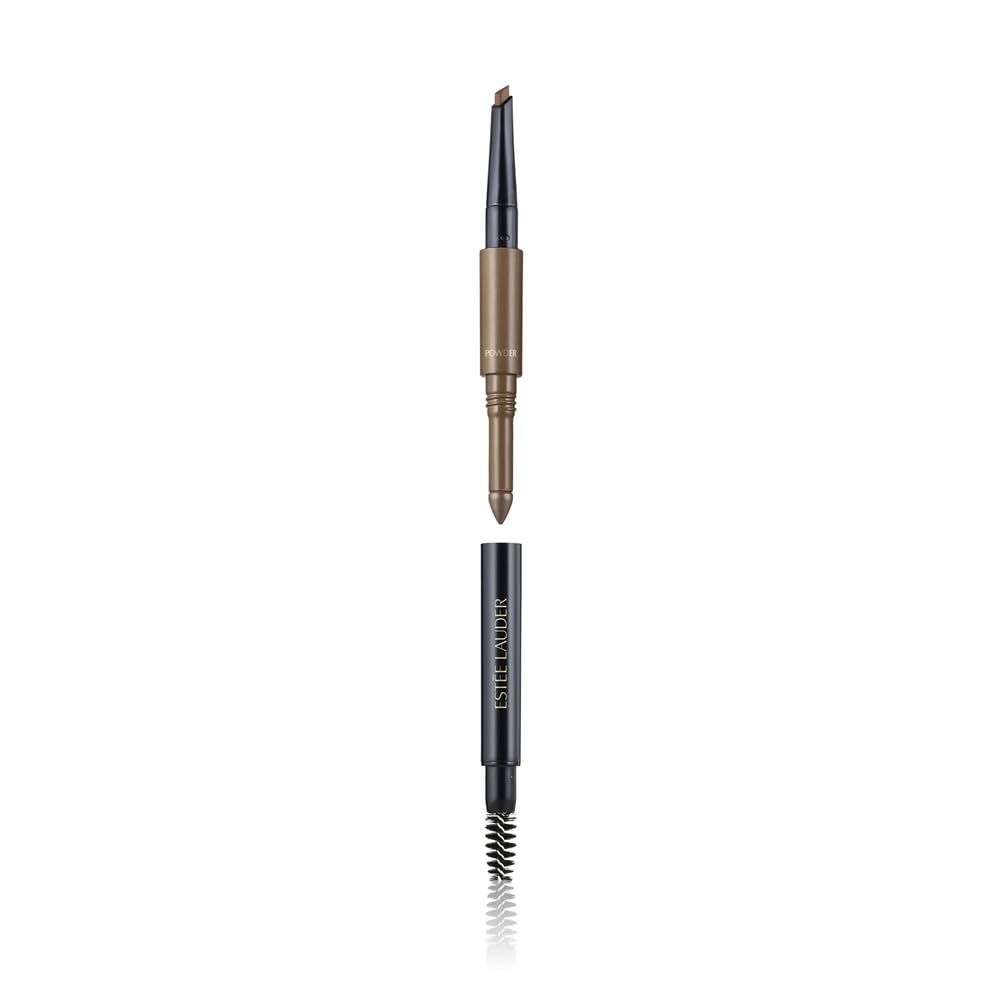 Estée Lauder front view of 3-in-1 brow tool showing all three ends and compact design benefit