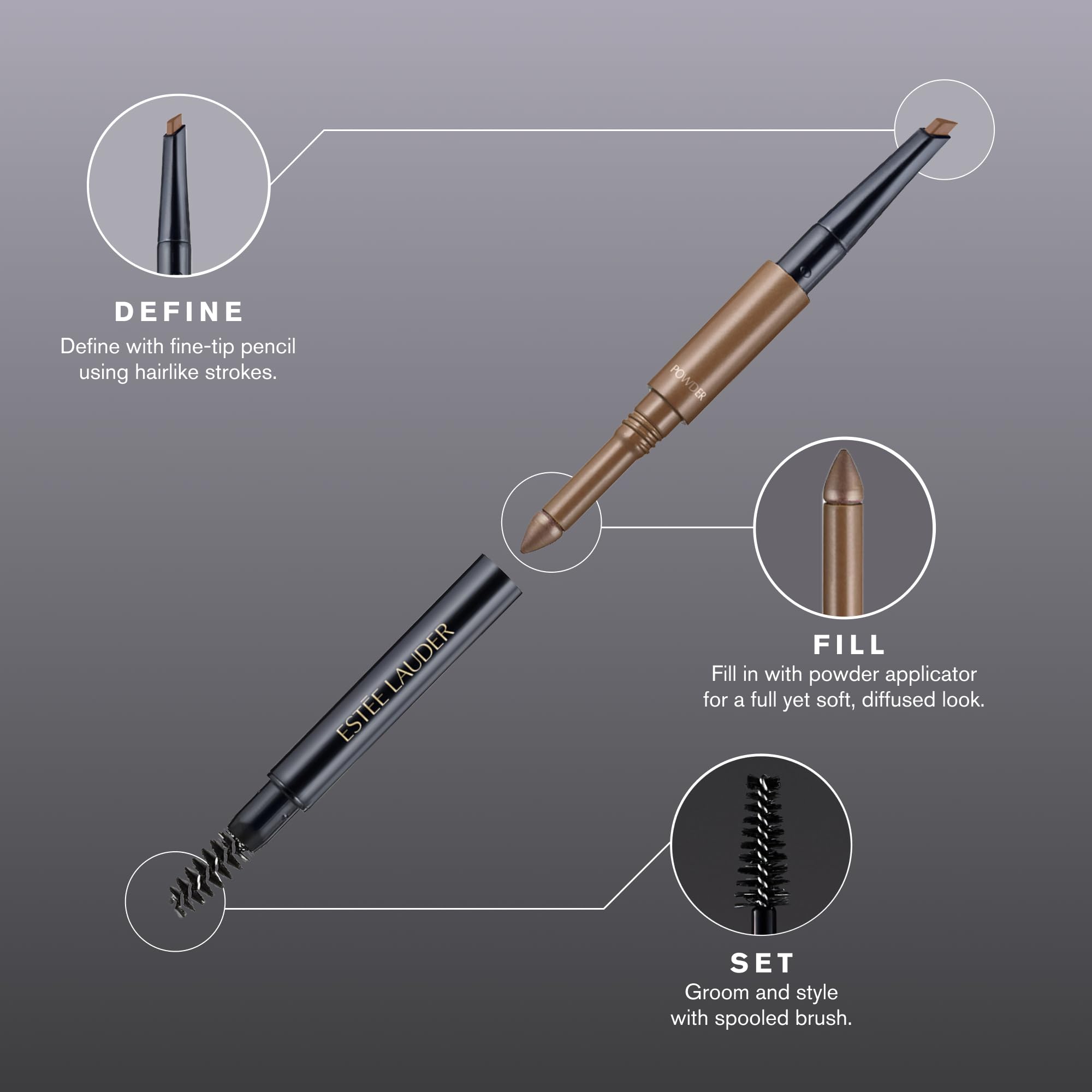 Estée Lauder sponge-tip applicator detail showing powdered texture for soft natural fullness
