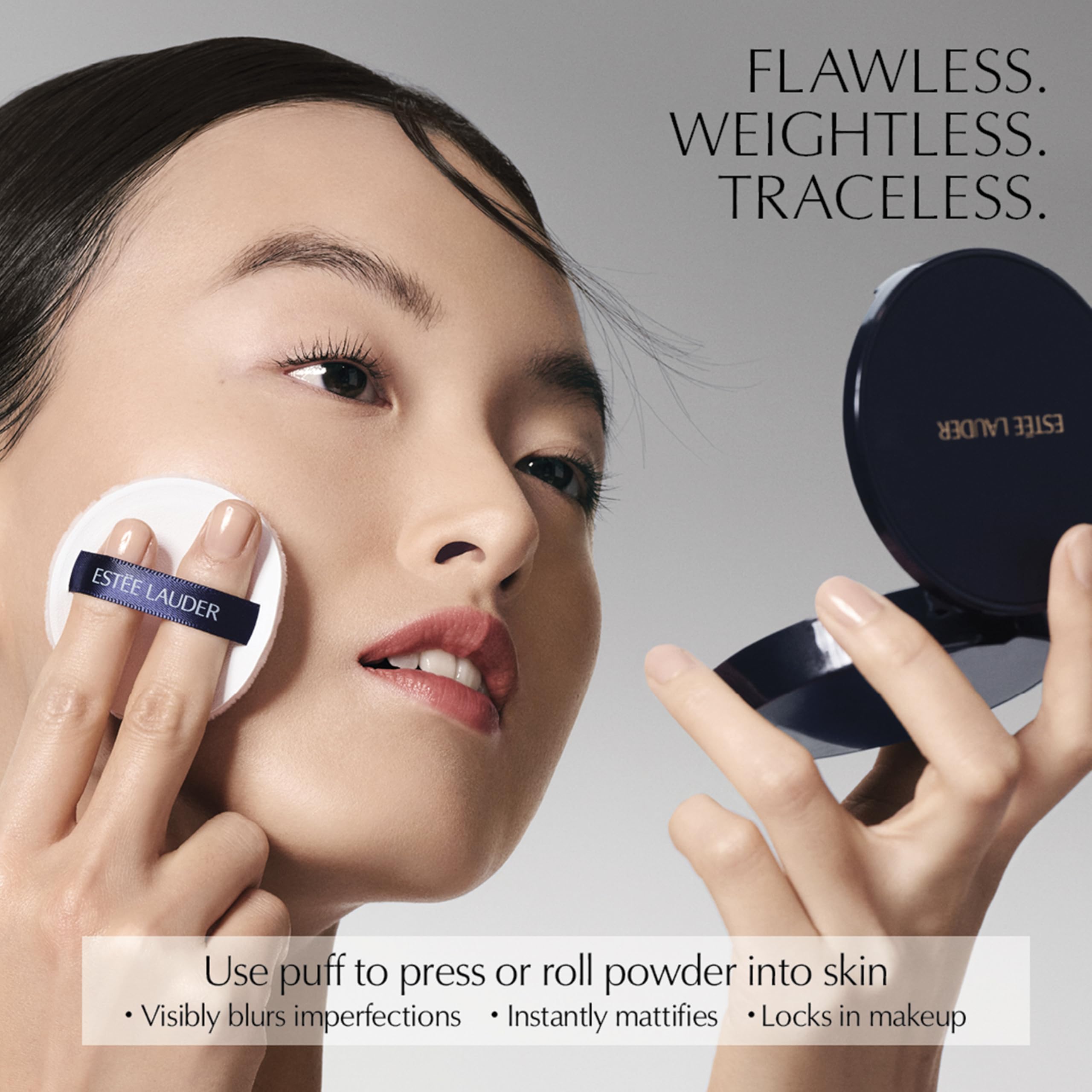 Estée Lauder puff application demonstrating easy, mess-free touch-up benefit