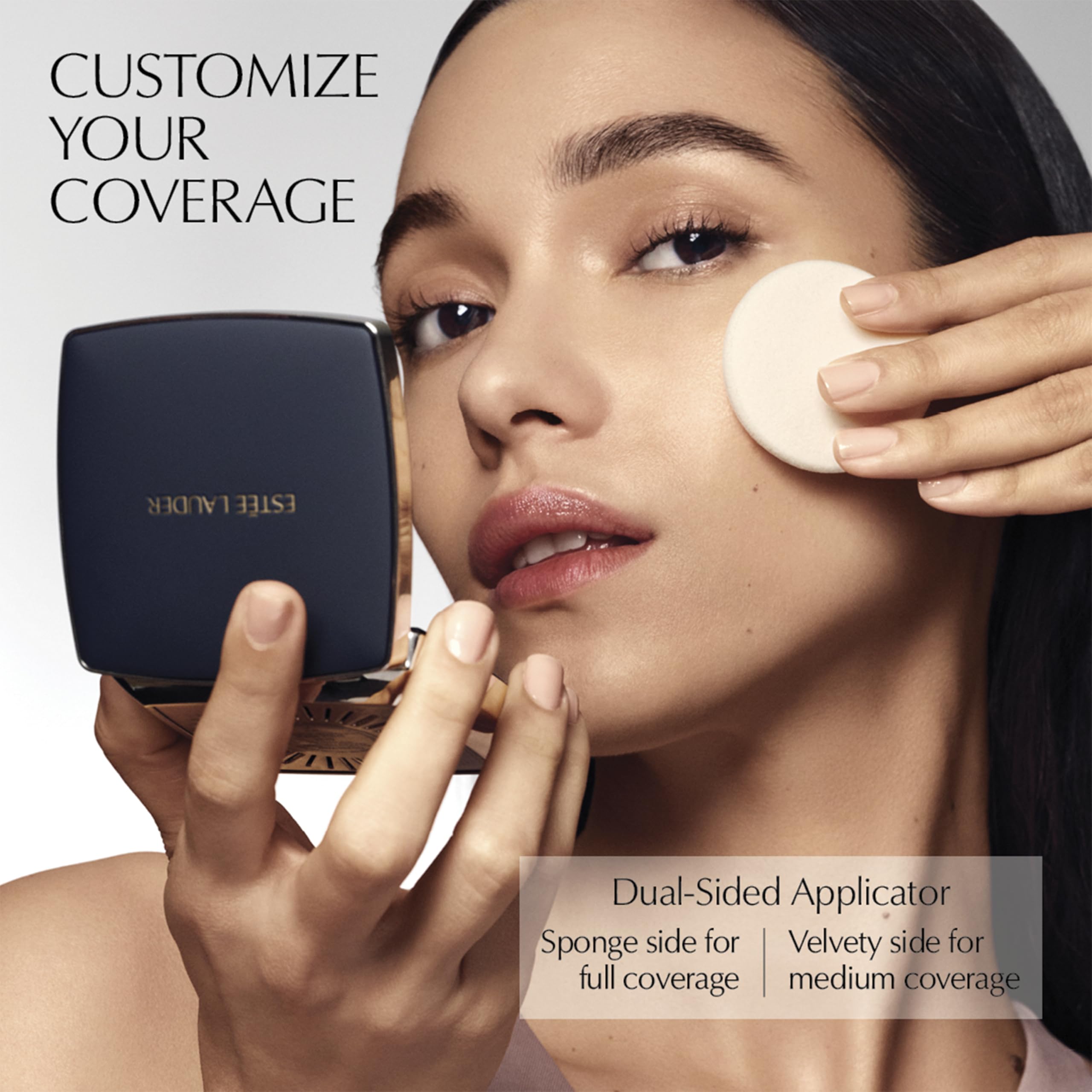 Estée Lauder compact shown next to hand to show scale benefit: travel-friendly size