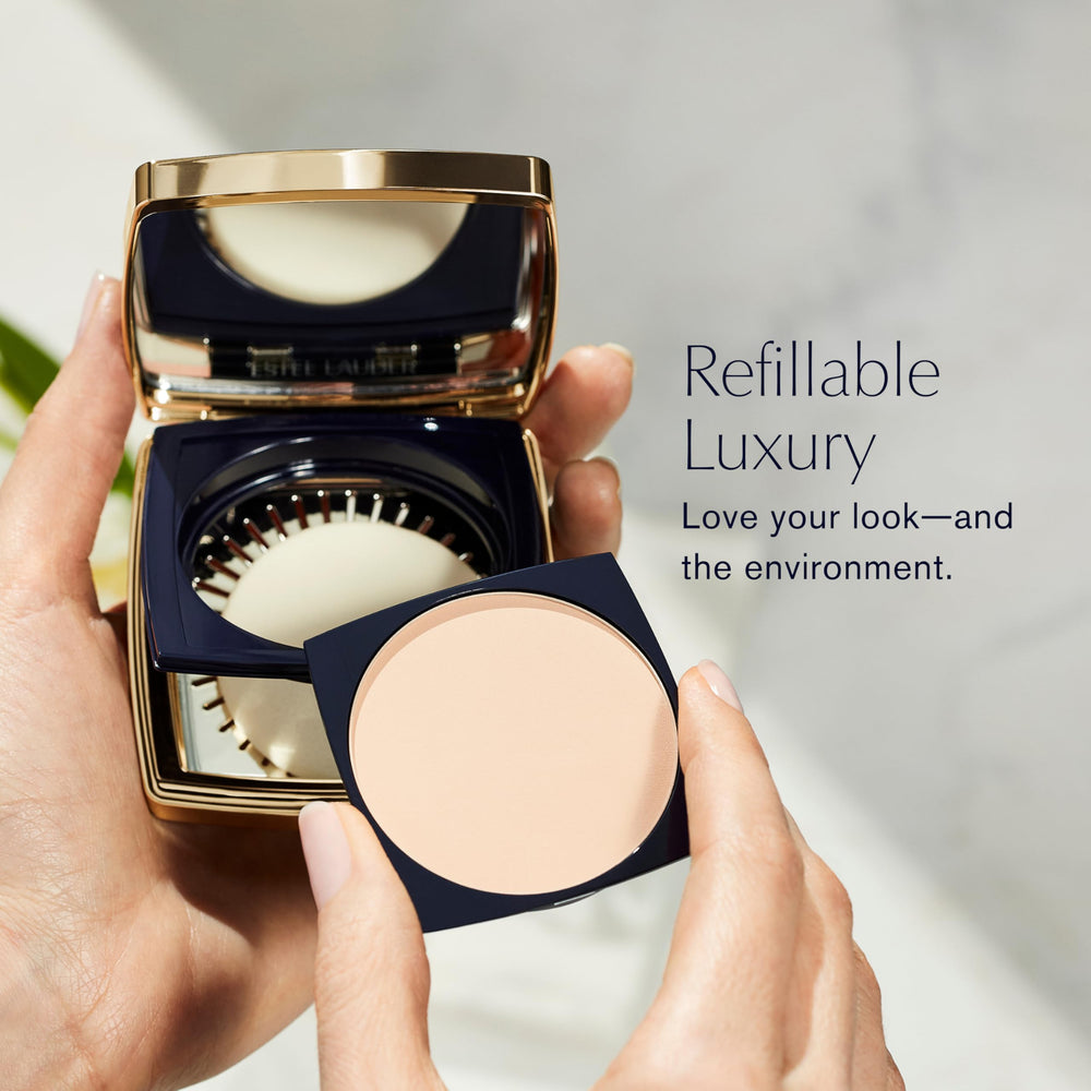 Estée Lauder compact next to a credit card for scale showing travel-ready convenience benefit