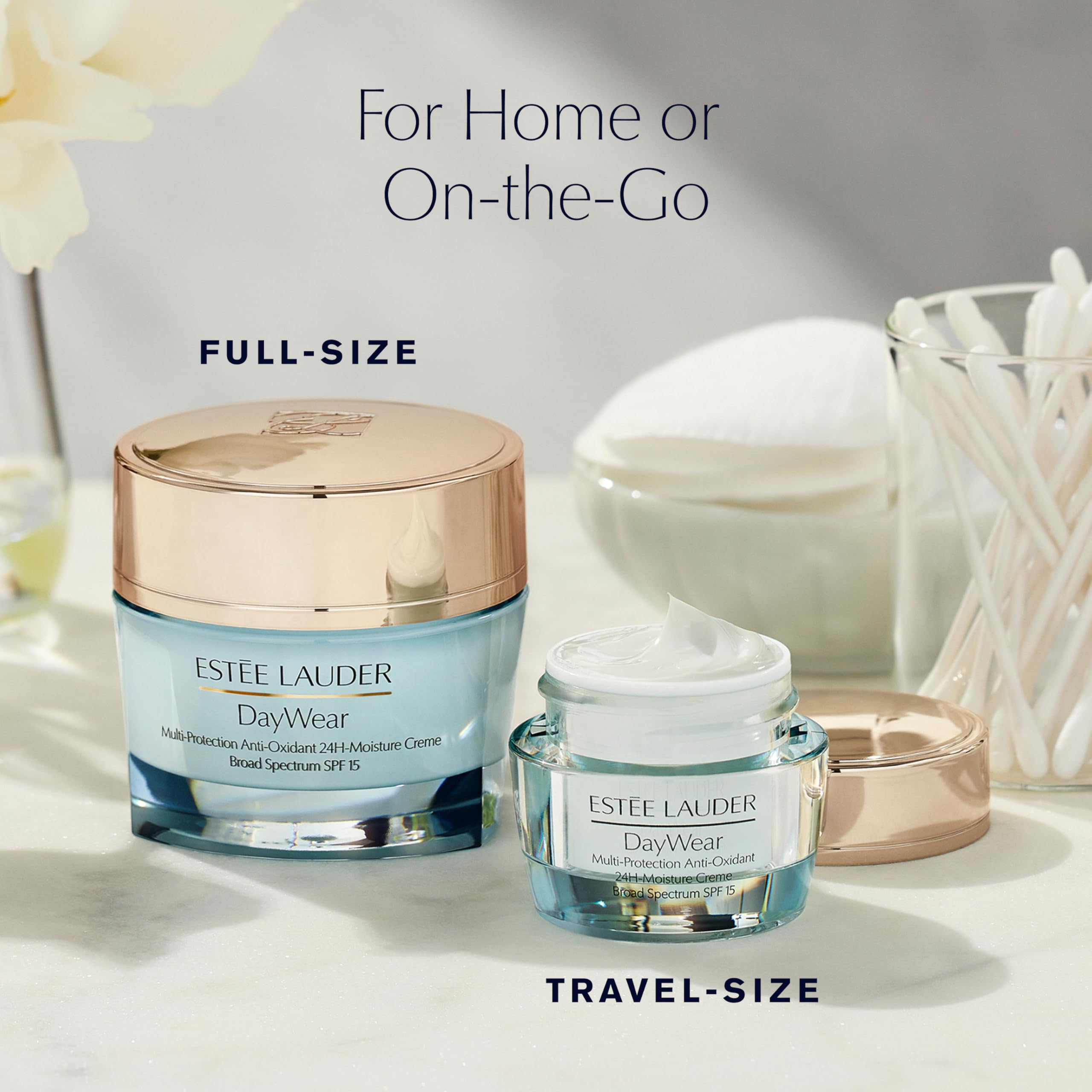 Estée Lauder DayWear next to ruler showing size 1.7 oz for travel-friendly benefit
