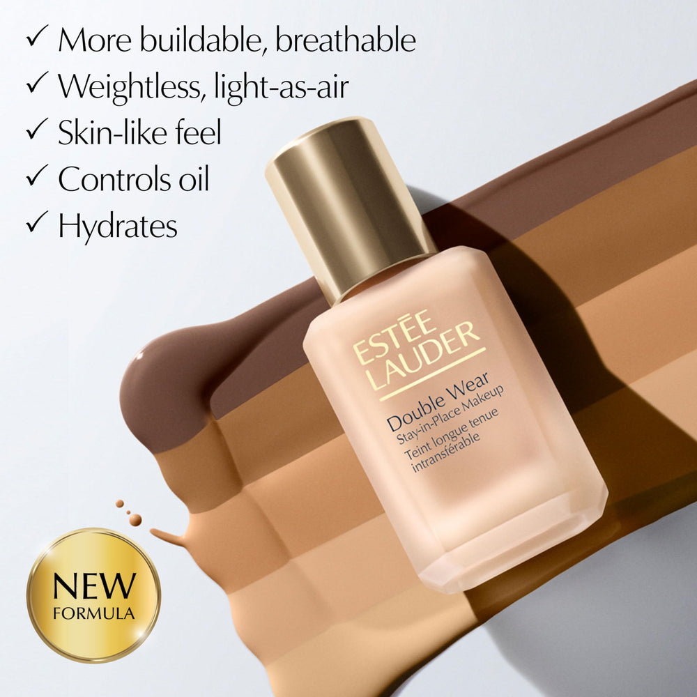 Estée Lauder split-face before and after showing pore-smoothing and coverage benefit