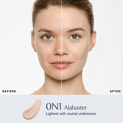 Estée Lauder foundation texture on glass illustrating lightweight, buildable coverage