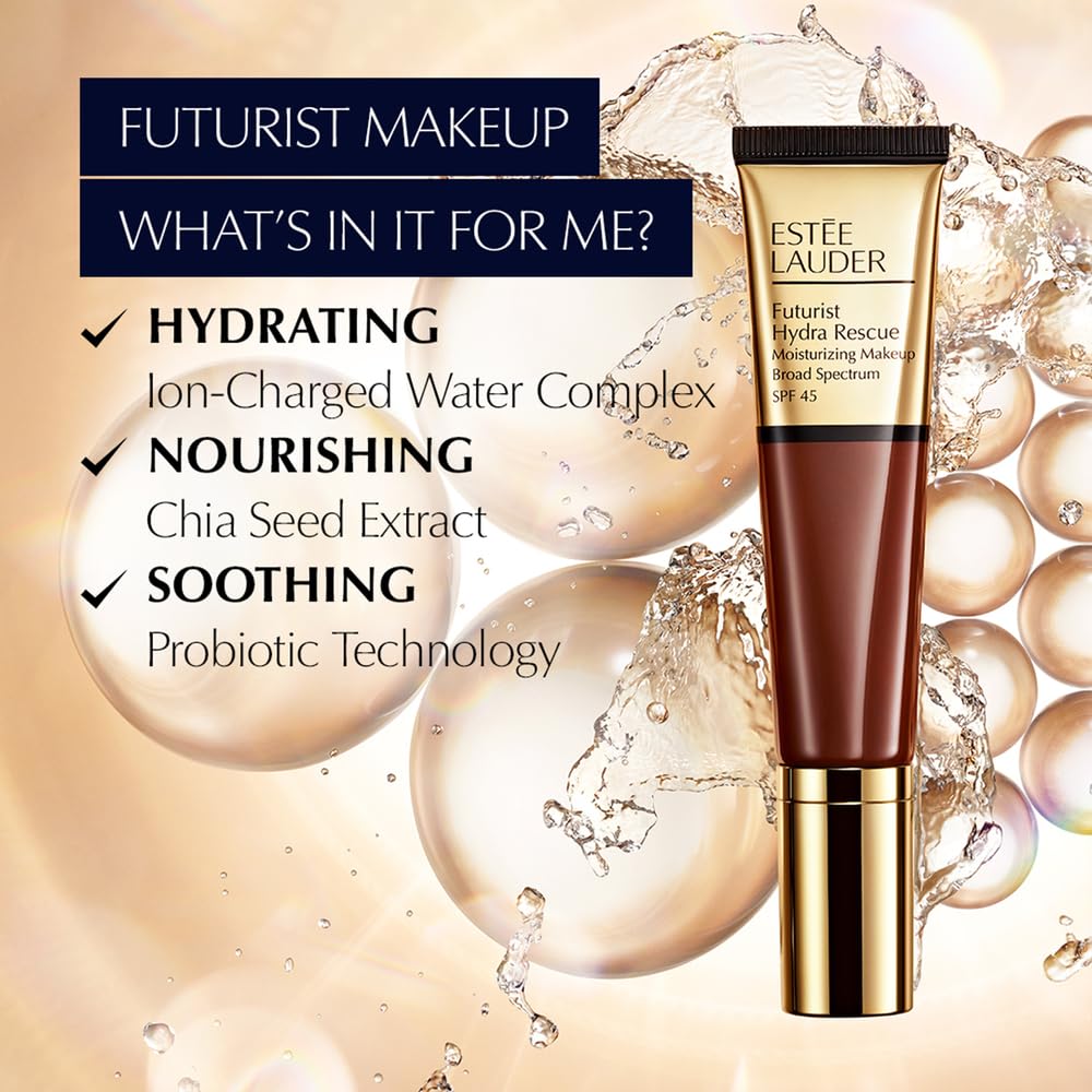 Estée Lauder Futurist bottle with chia seed and water complex ingredients displayed