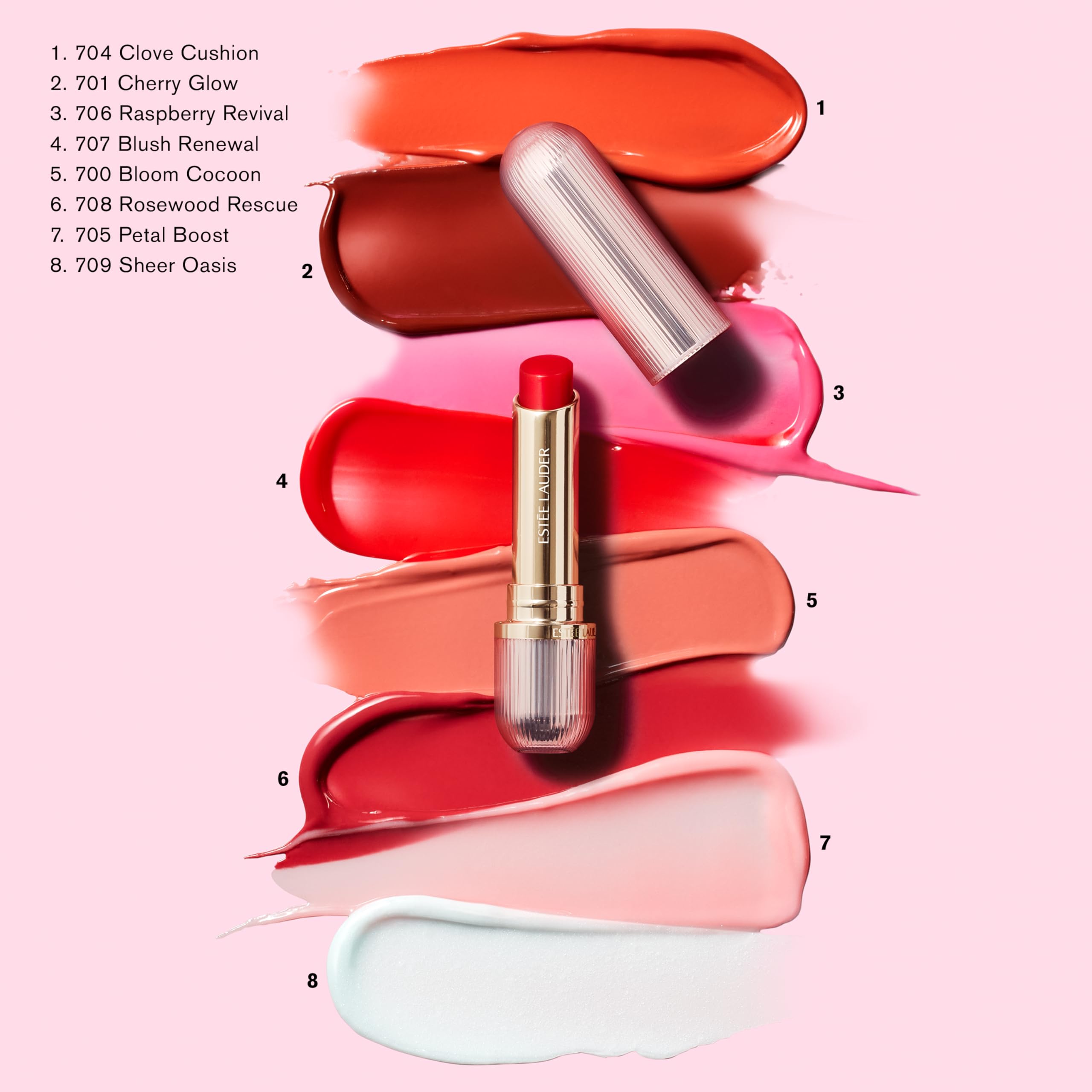 Estée Lauder arranged ingredient bottles with apricot and papaya oils emphasizing nourishing botanical benefits
