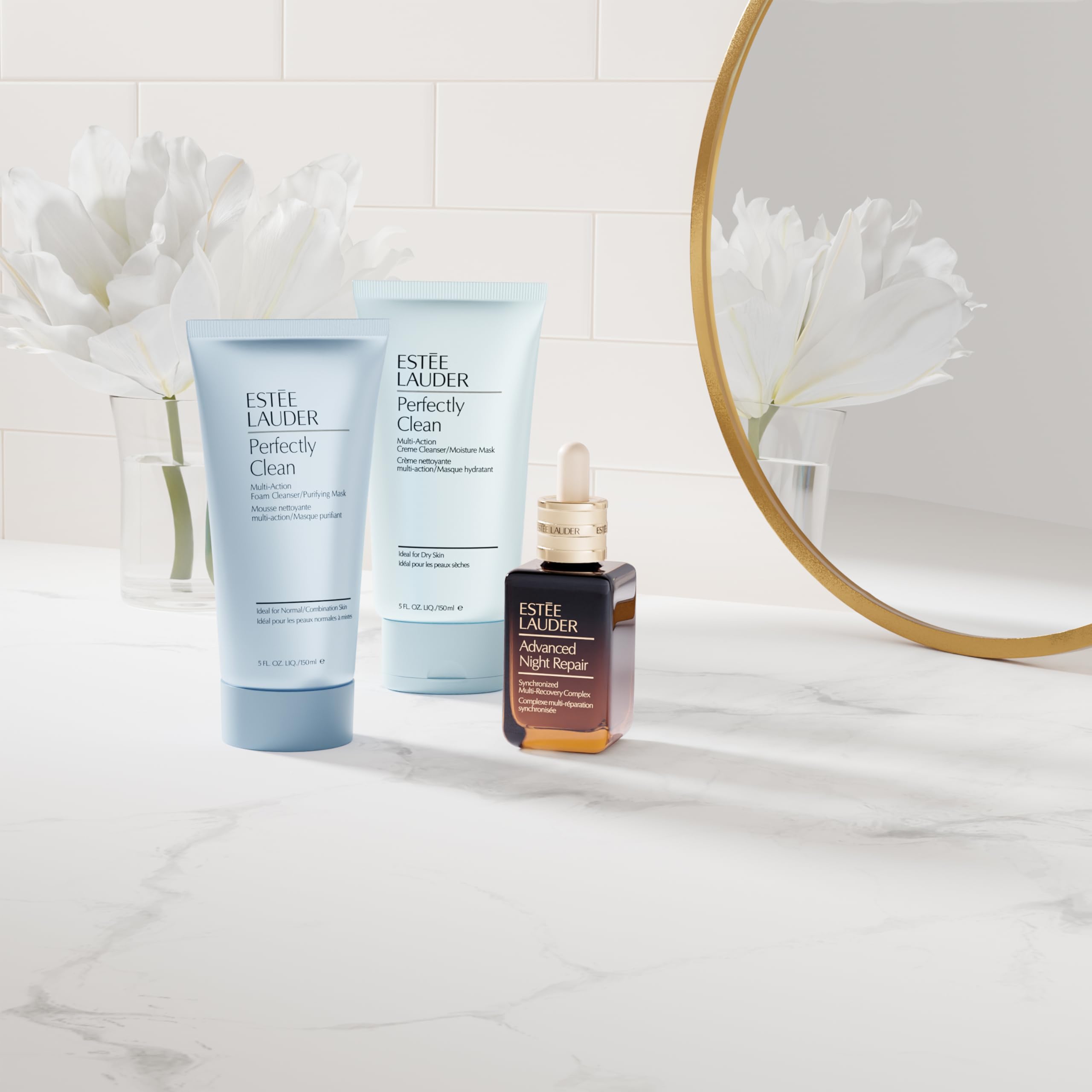 Estée Lauder on bathroom vanity styled to show daily routine benefit