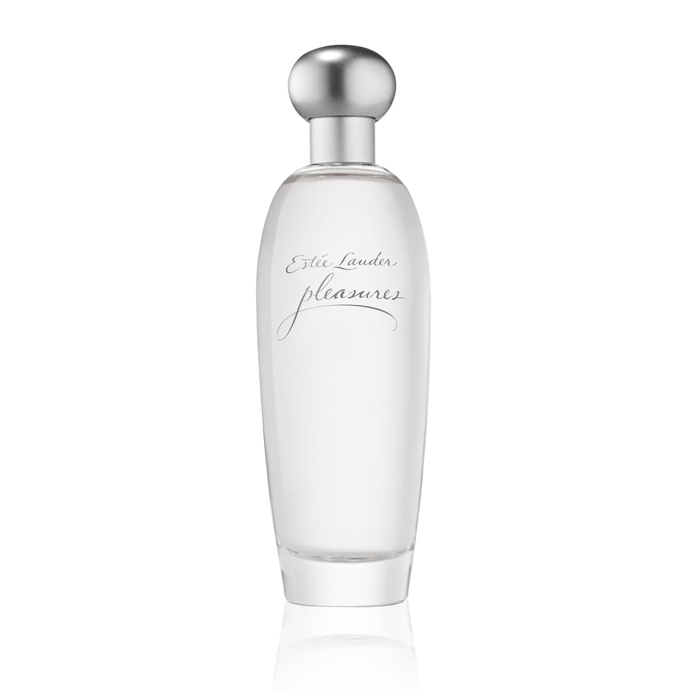 Estée Lauder Pleasures front bottle showing the label and clear glass for shelf appeal