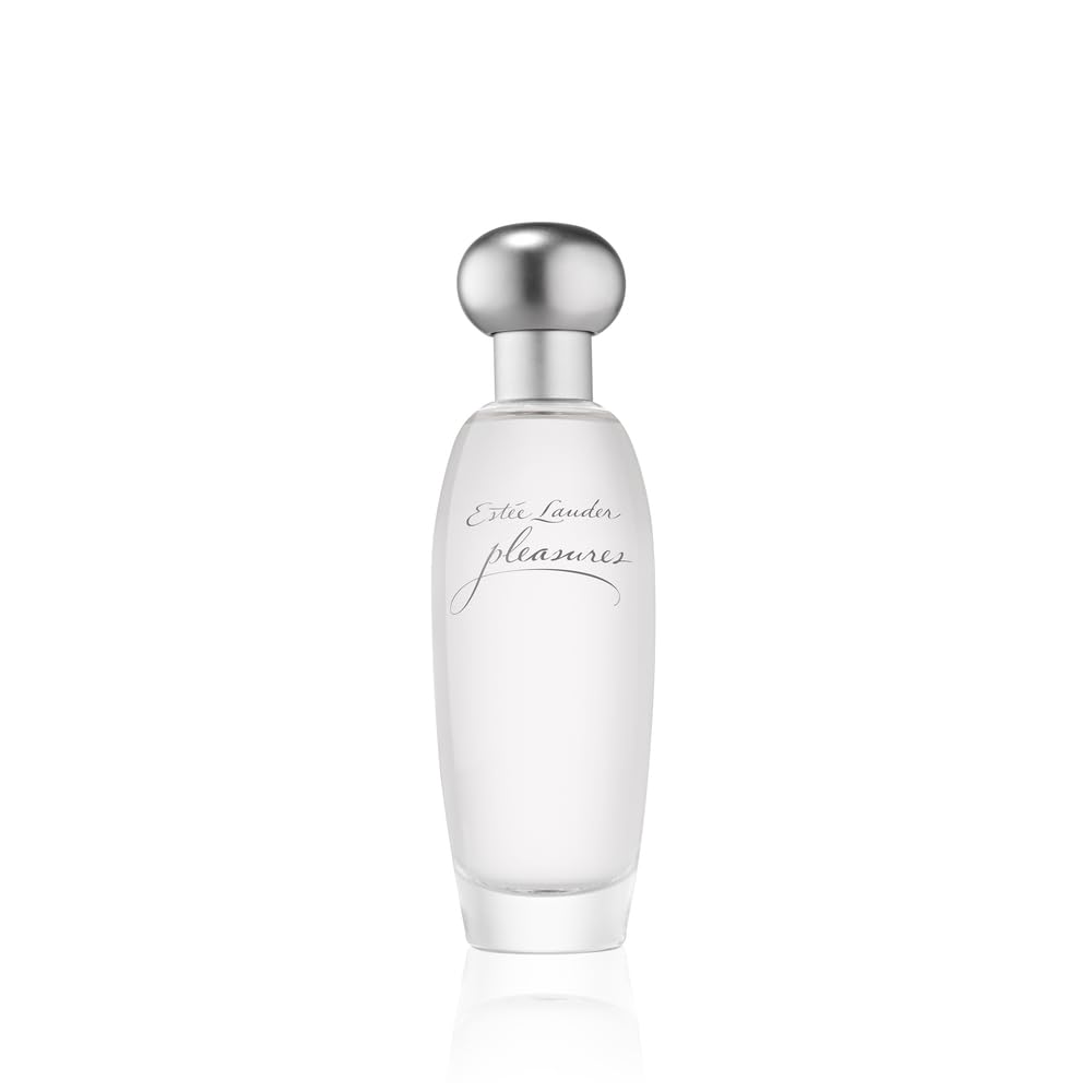 Estée Lauder Pleasures front bottle showing elegant glass and soft glow benefit of display