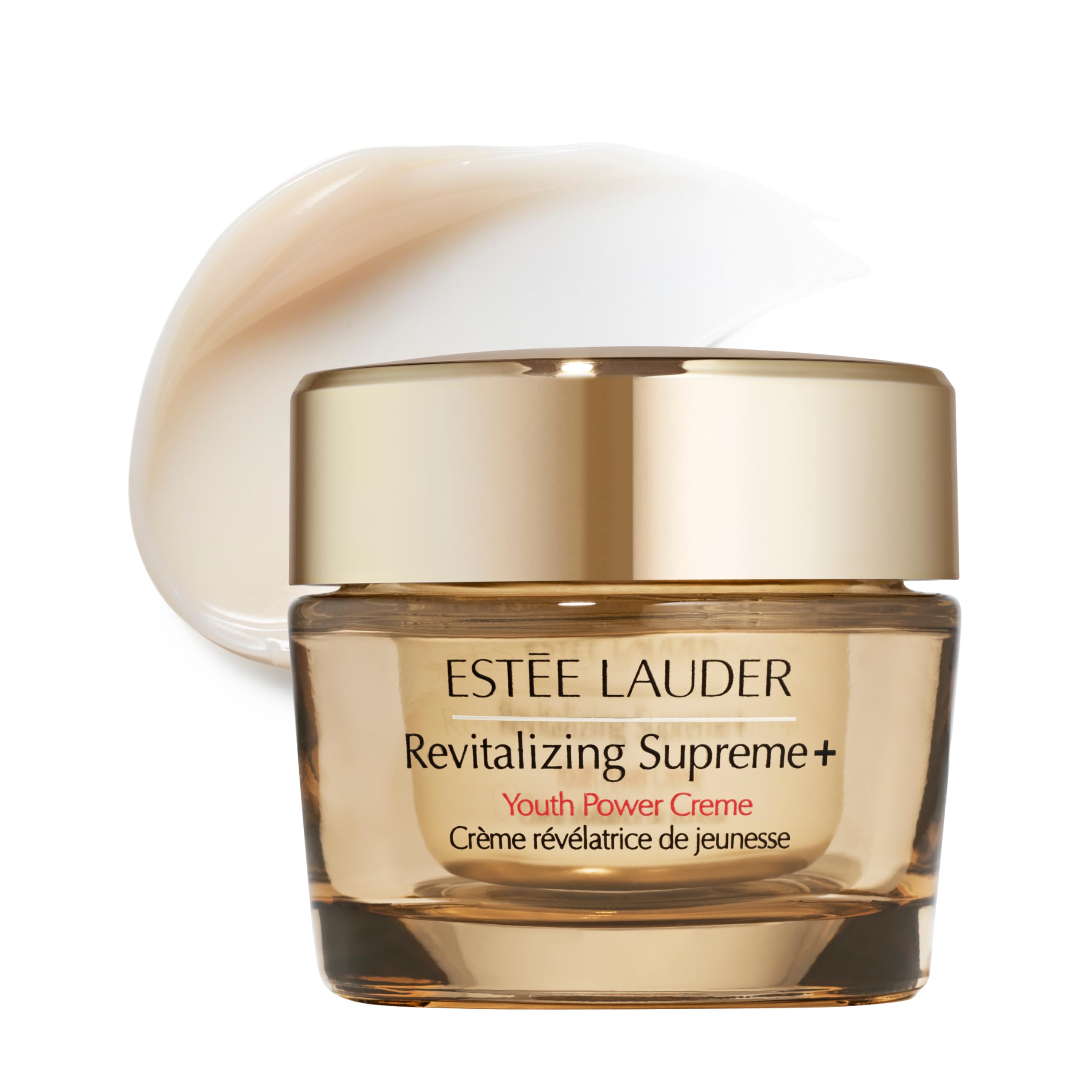 Estée Lauder jar front view showing product and branding, highlights premium packaging