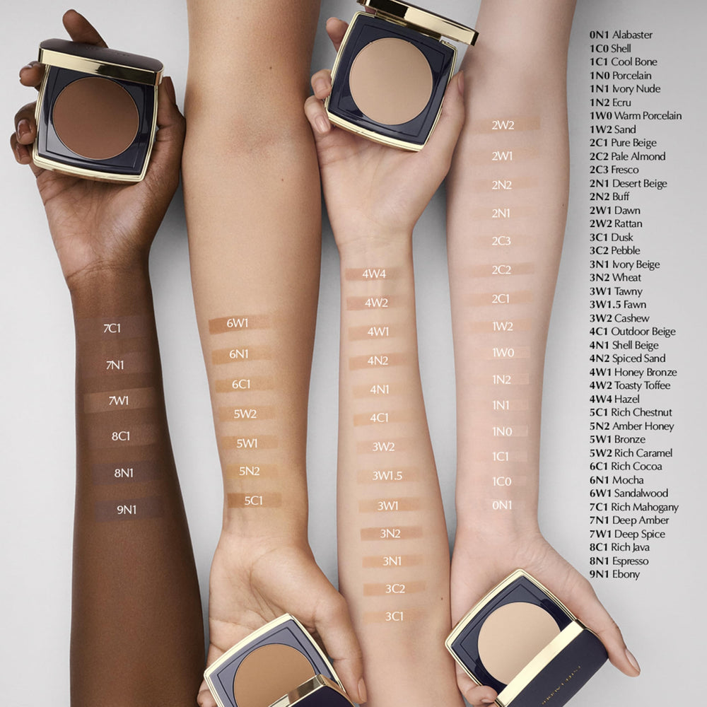 Estée Lauder powder texture close-up revealing micro-fine finish benefit: smooth, velvet feel