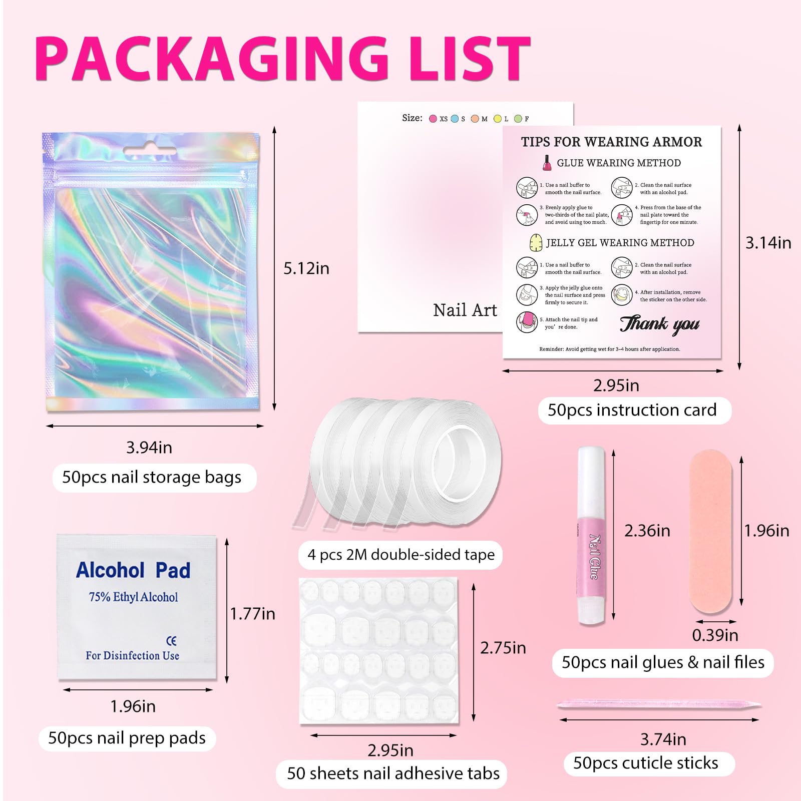 ESUOHYM instruction card with size-sorting back for quick correct nail sizing