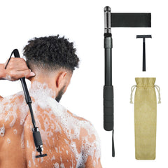 ETbyto handle front view showing full adjustable length and razor attachment benefit reach