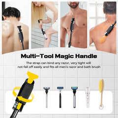 ETbyto handle in use on leg demonstrating extended reach and smooth shaving control