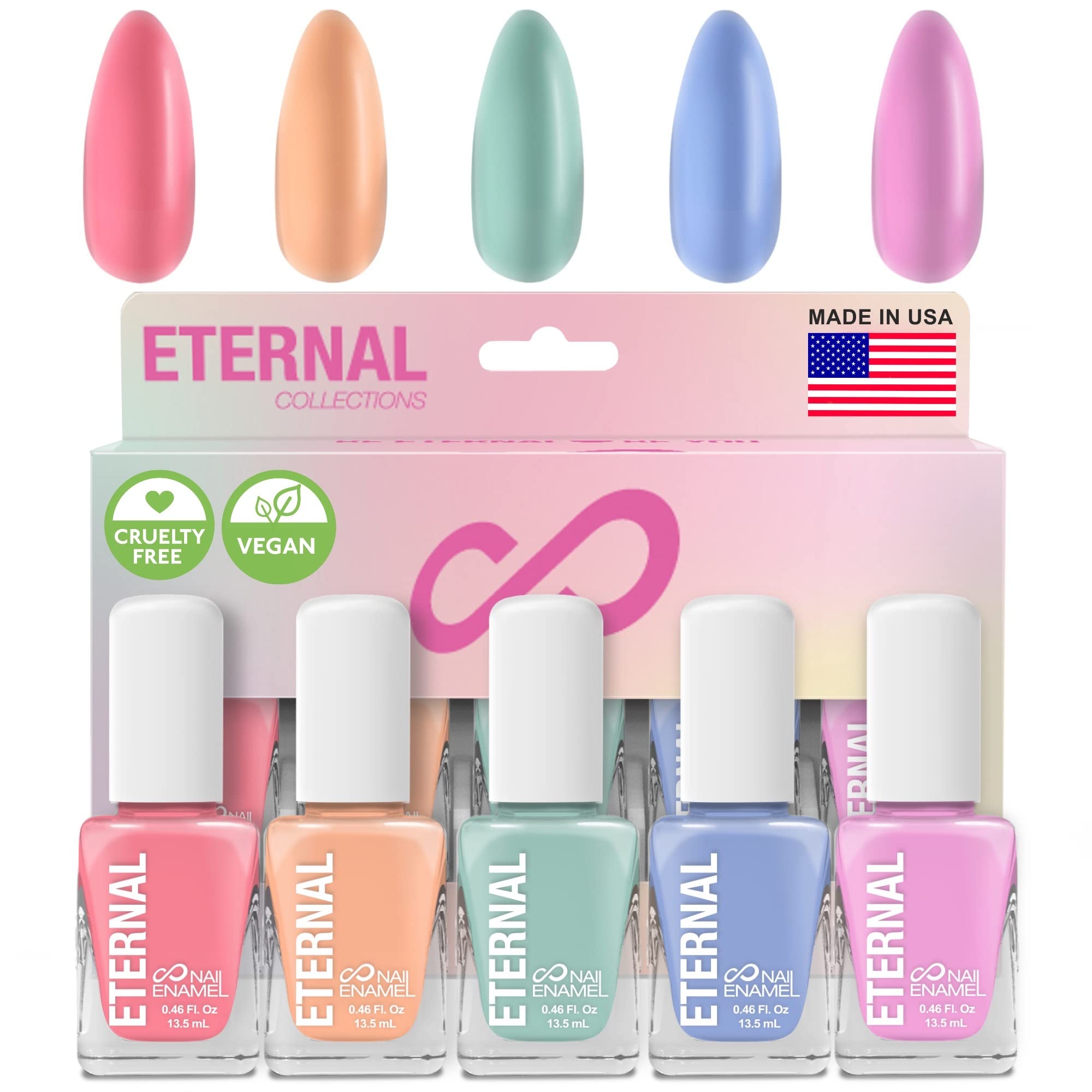 Eternal front packaging showing five pastel bottles and clear labeling for easy selection