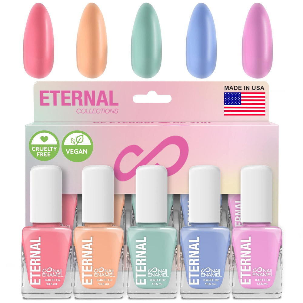 Eternal front packaging showing five pastel bottles and clear labeling for easy selection