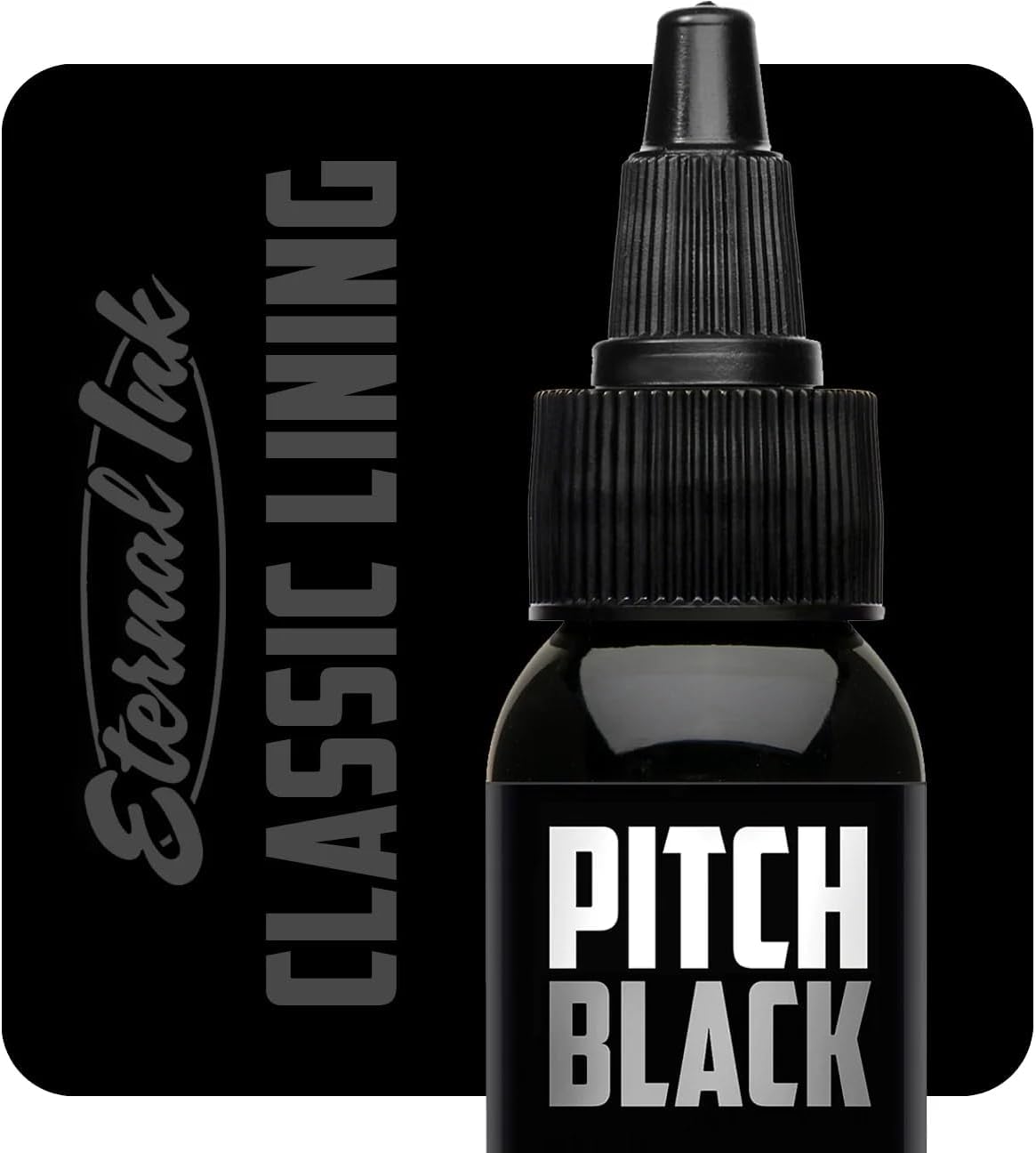 Eternal Ink pitch black front label showing brand and clean packaging benefit