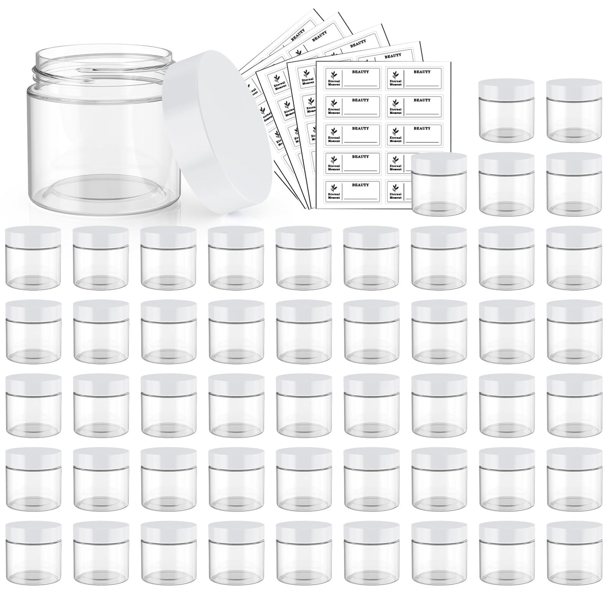 Eternal Moment front view of 50-pack jars showing clear containers and white lids for organization