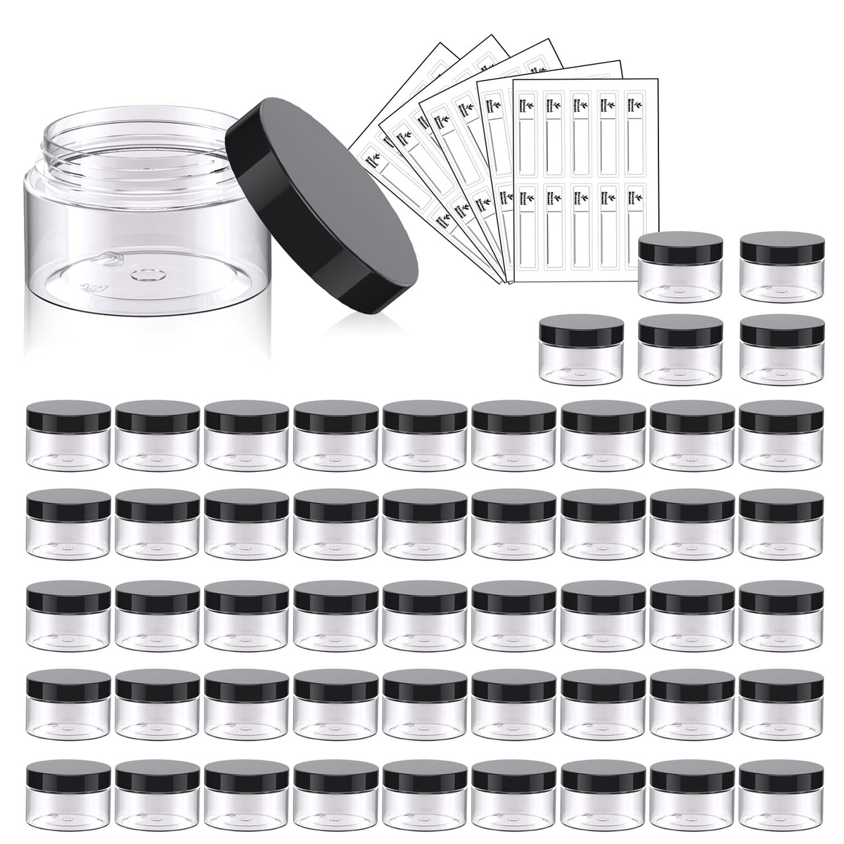 Eternal Moment front view of 50 clear jars with black lids showing value pack and visibility