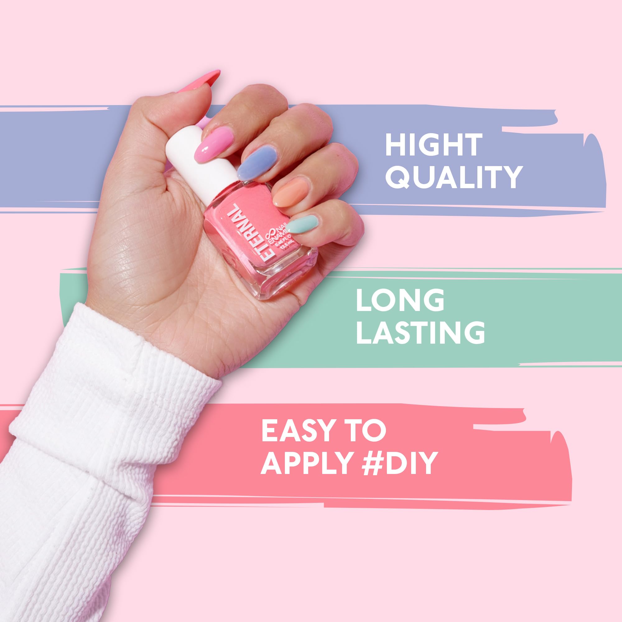 Eternal nail polish being applied on fingernails delivering even coverage and gloss