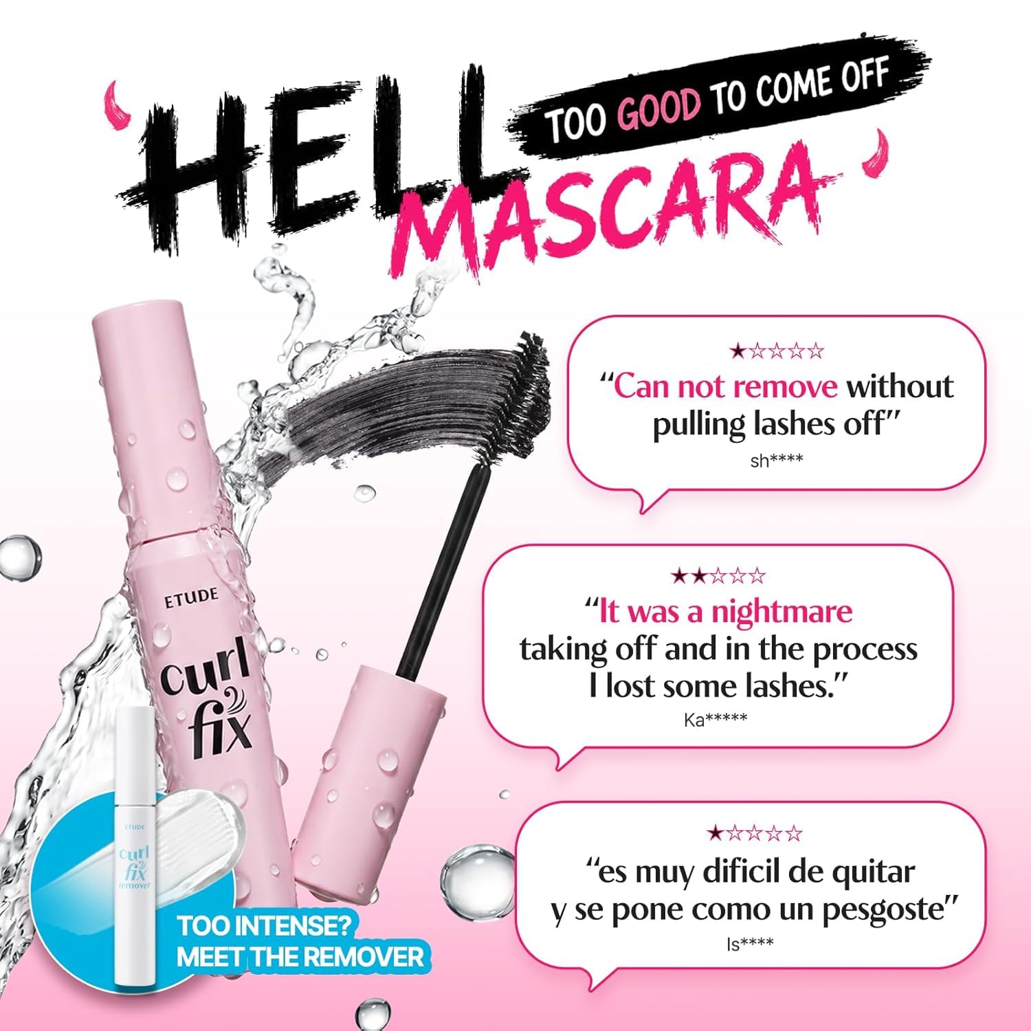 ETUDE mascara texture swipe showing rich black pigment for bold lash volume