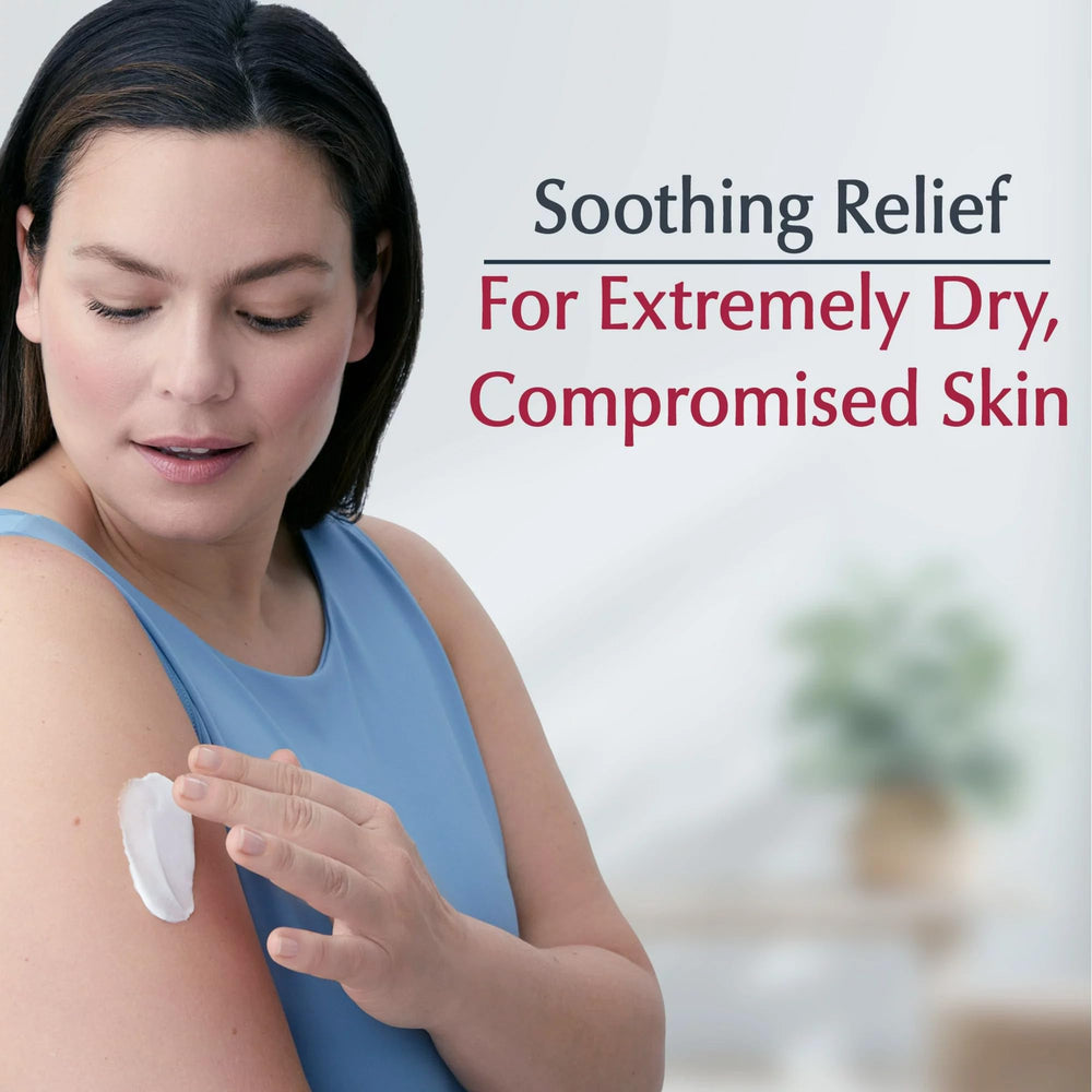 Eucerin 2 oz jar held in hand to show compact travel-friendly scale and convenience