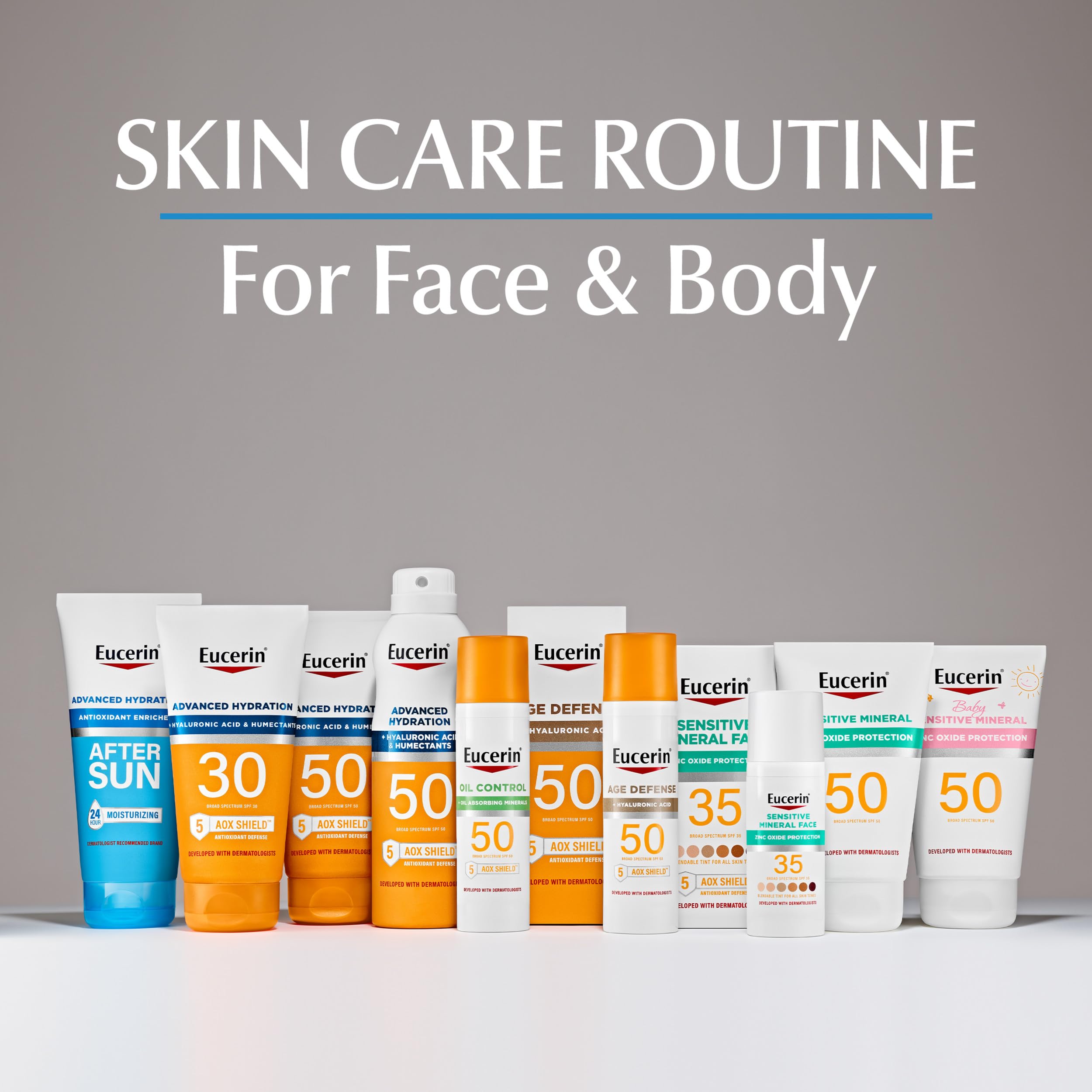 Eucerin bottle staged with skincare products for morning routine use