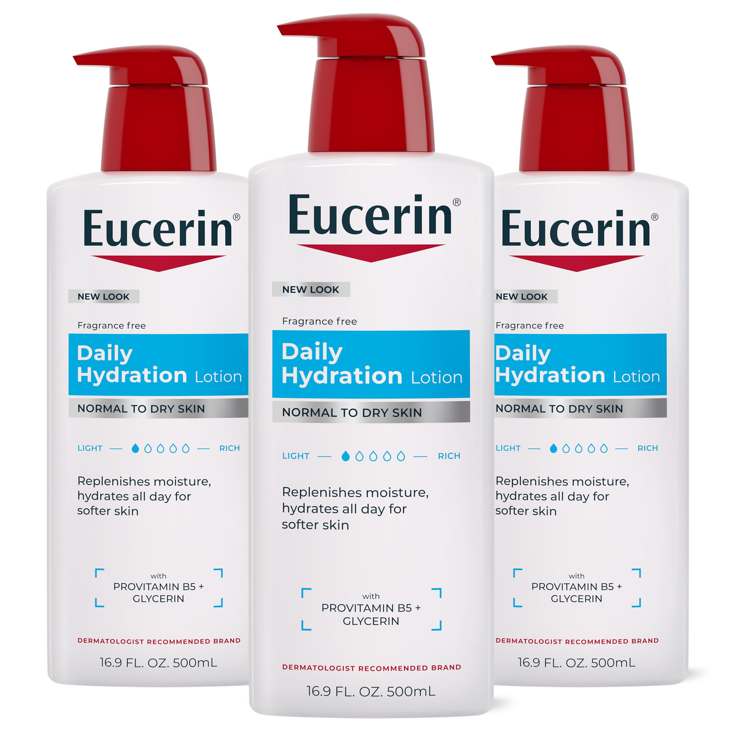 Eucerin front packaging showing three pump bottles and brand clarity