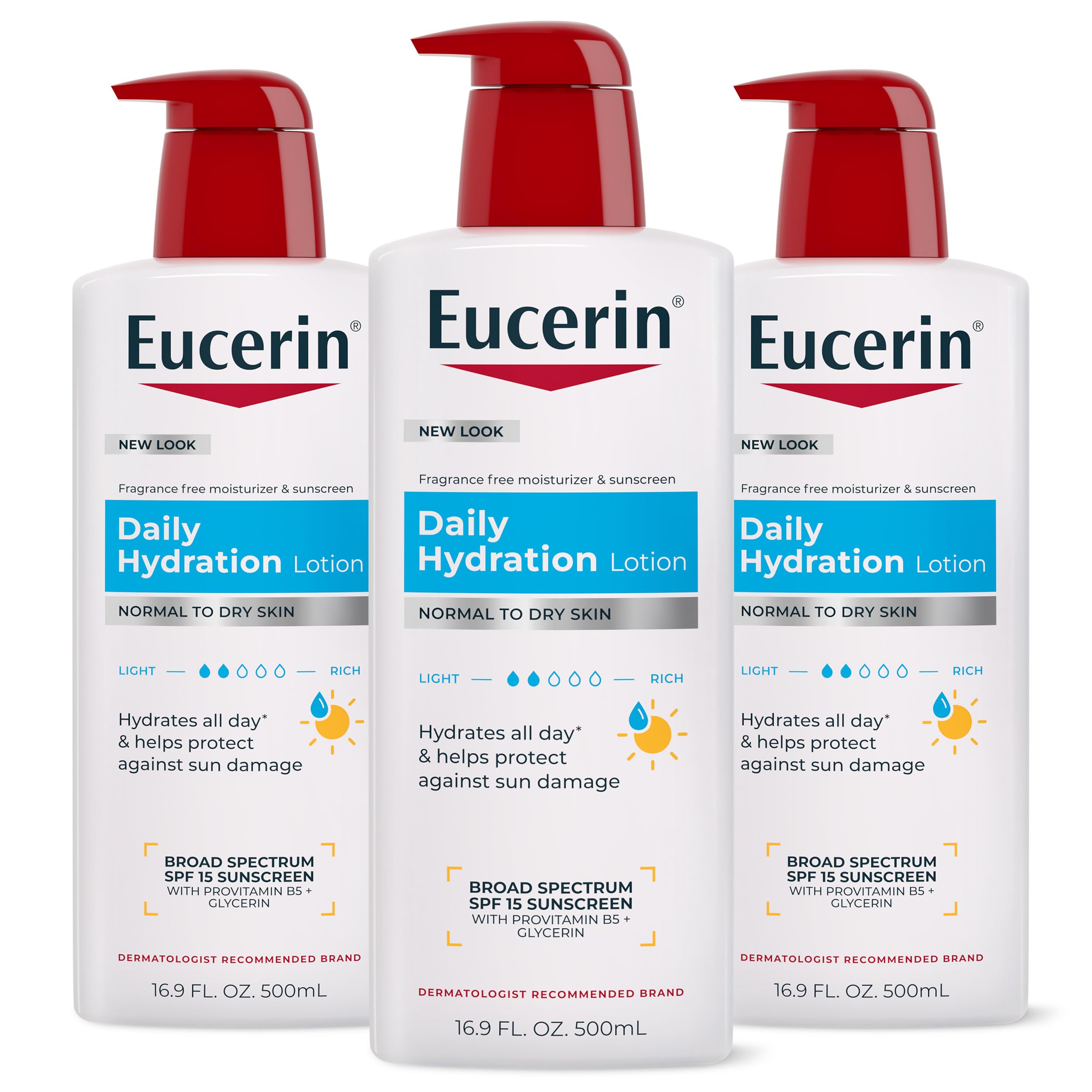 Eucerin front multipack pump bottles showing product convenience and value
