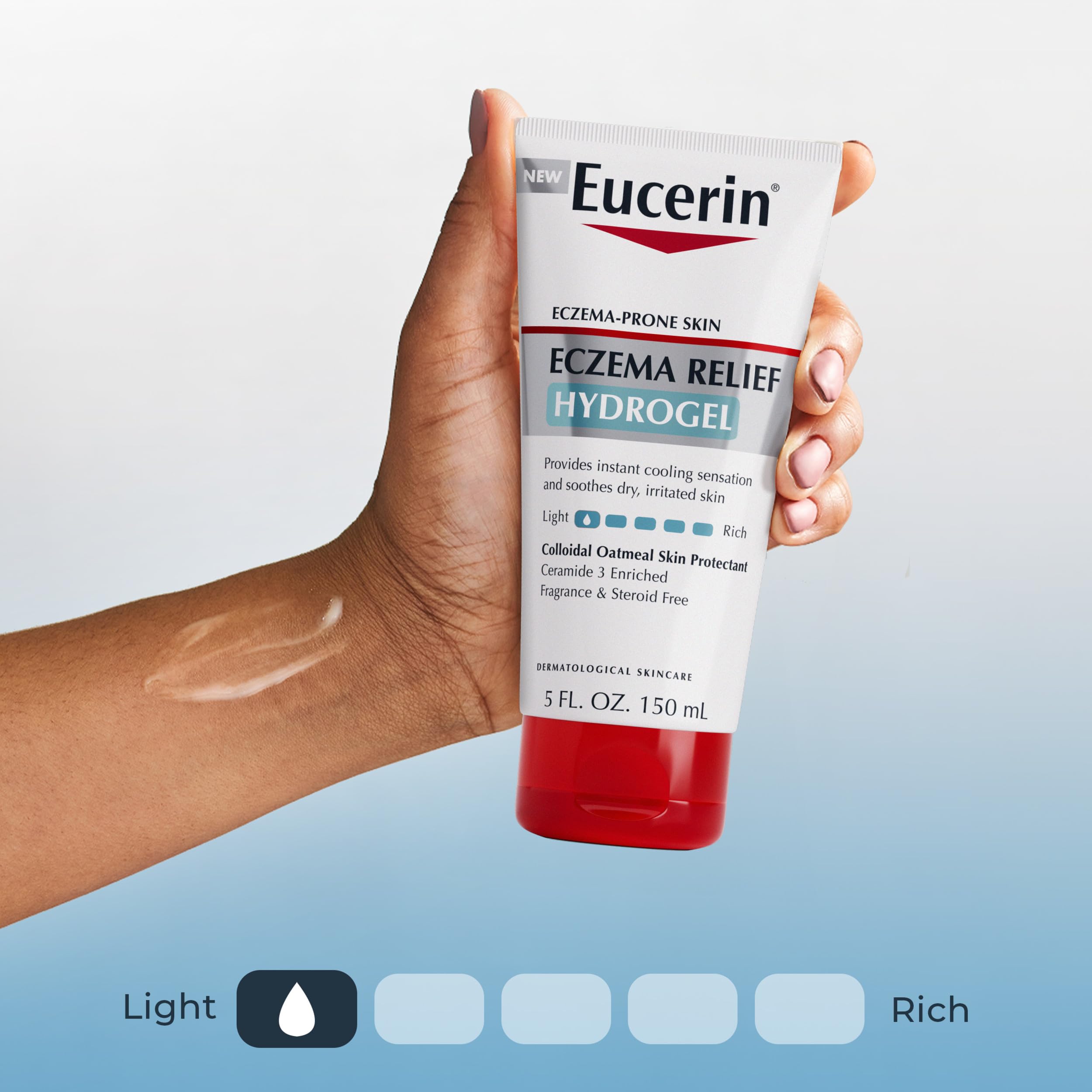 Eucerin applying hydrogel to face as part of morning routine for lightweight hydration