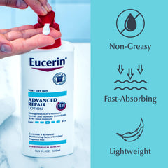 Eucerin lotion texture swipe showing fast-absorbing, non-greasy finish